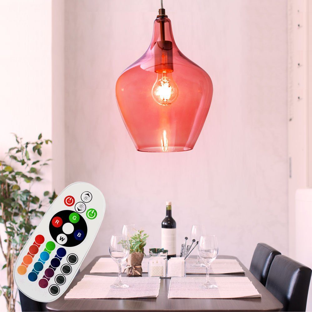 etc-shop LED Pendelleuchte, Leuchtmittel inklusive, Warmweiß, Farbwechsel,  Glas Pendelleuchte pink Wohnzimmer Lampe hängend