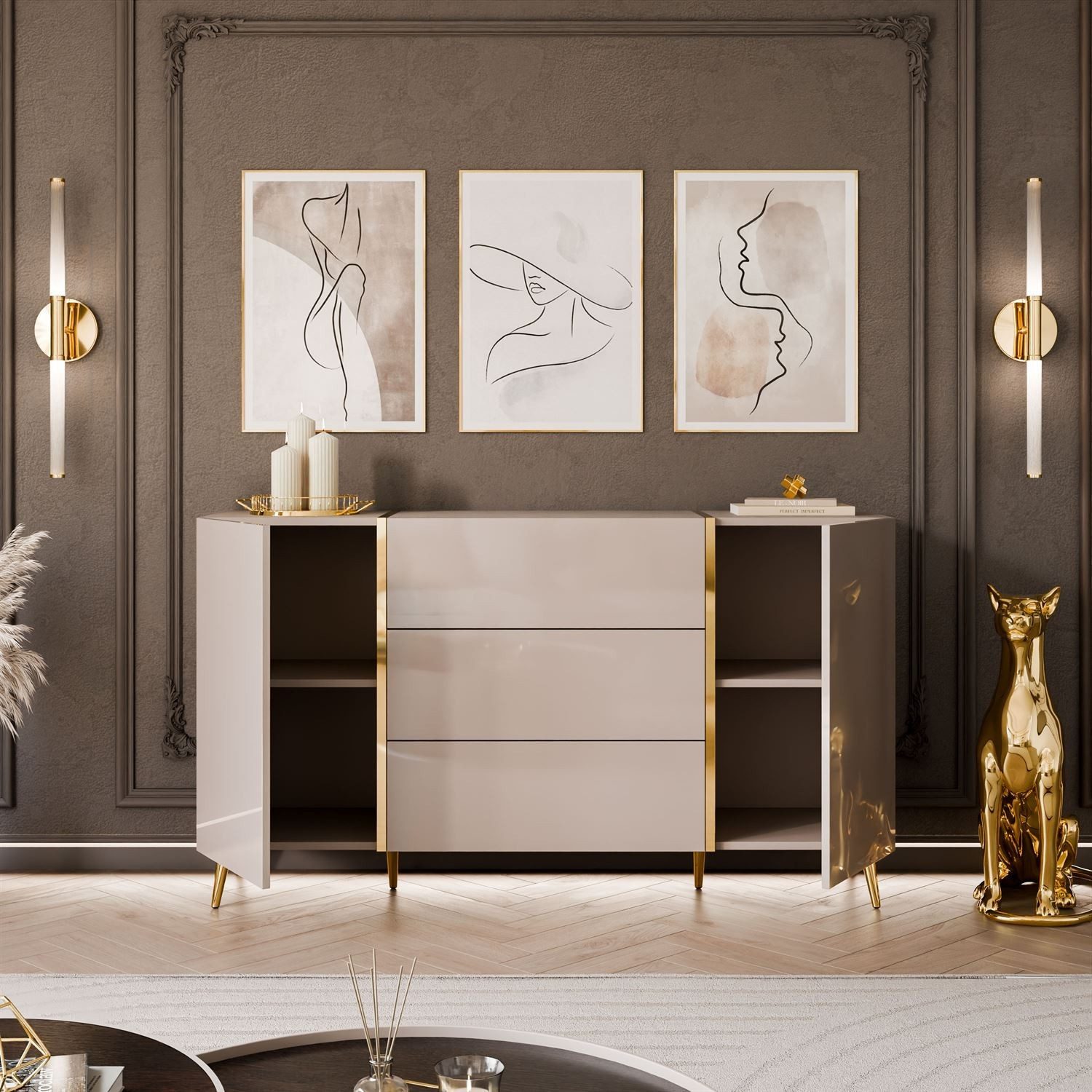 Lookway Kommode mit Schubladen ONYX Kaschmir auf goldenen Beinen, Hochglanz, 158 cm