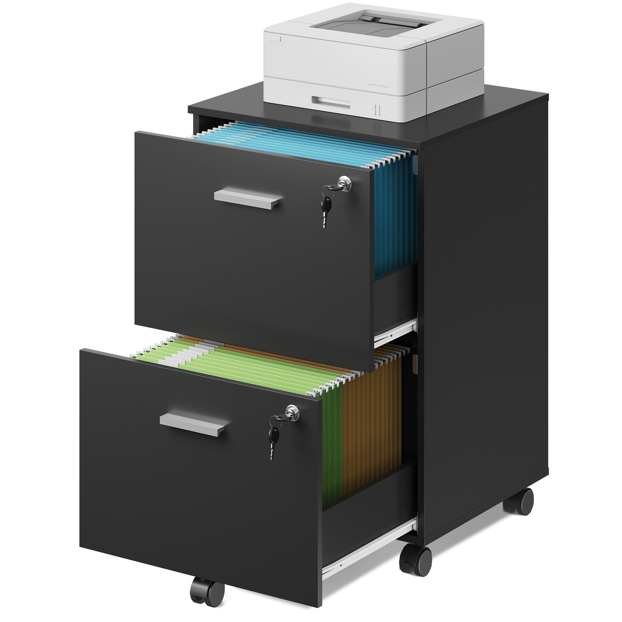 DEVAISE Rollcontainer mit Schubladen, Aktenschrank abschließbar für DIN A4/Legal/Letter, Büroschrank mit Rollen, Druckerständer, Schwarz, 44×40×68 cm