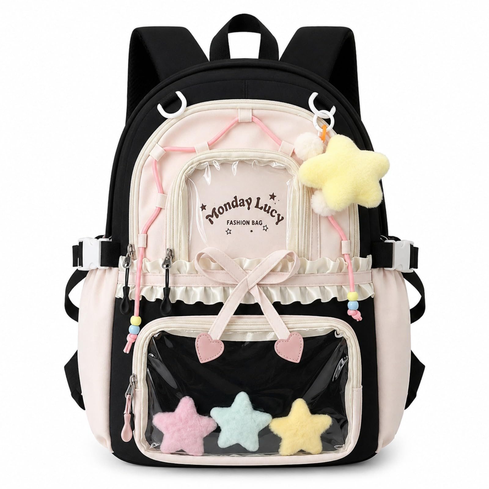 nsihing Kinderrucksack Kawaii Rucksack Mädchen mit Transparentem Fach & Stern Anhänger, Ästhetischer Rucksack für Mädchen, Schule, Alltag & Freizeit