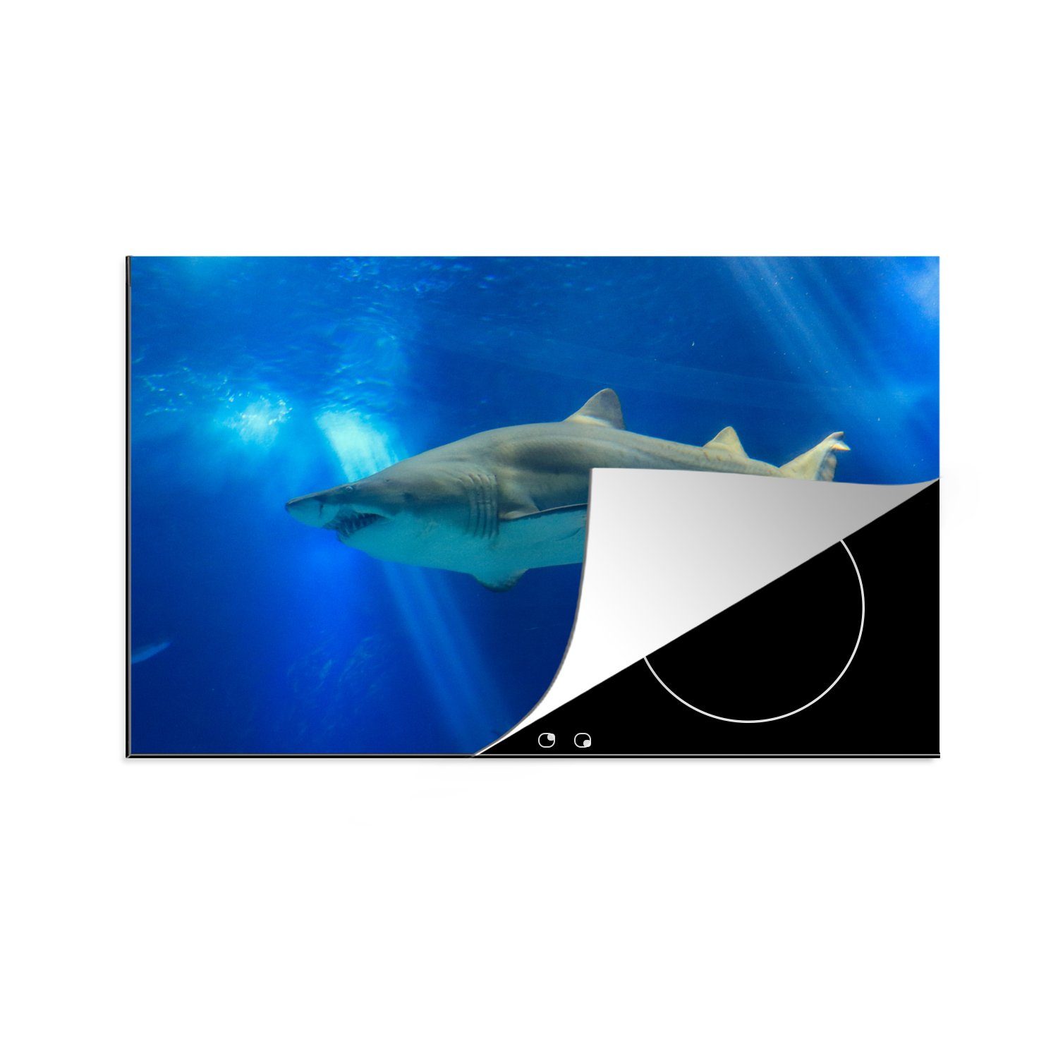 MuchoWow Herdblende-/Abdeckplatte Ein Weißer Hai schwimmt an der Oberfläche, Vinyl, (1 tlg), 81x52 cm, Induktionskochfeld Schutz für die küche, Ceranfeldabdeckung | Herdabdeckplatten