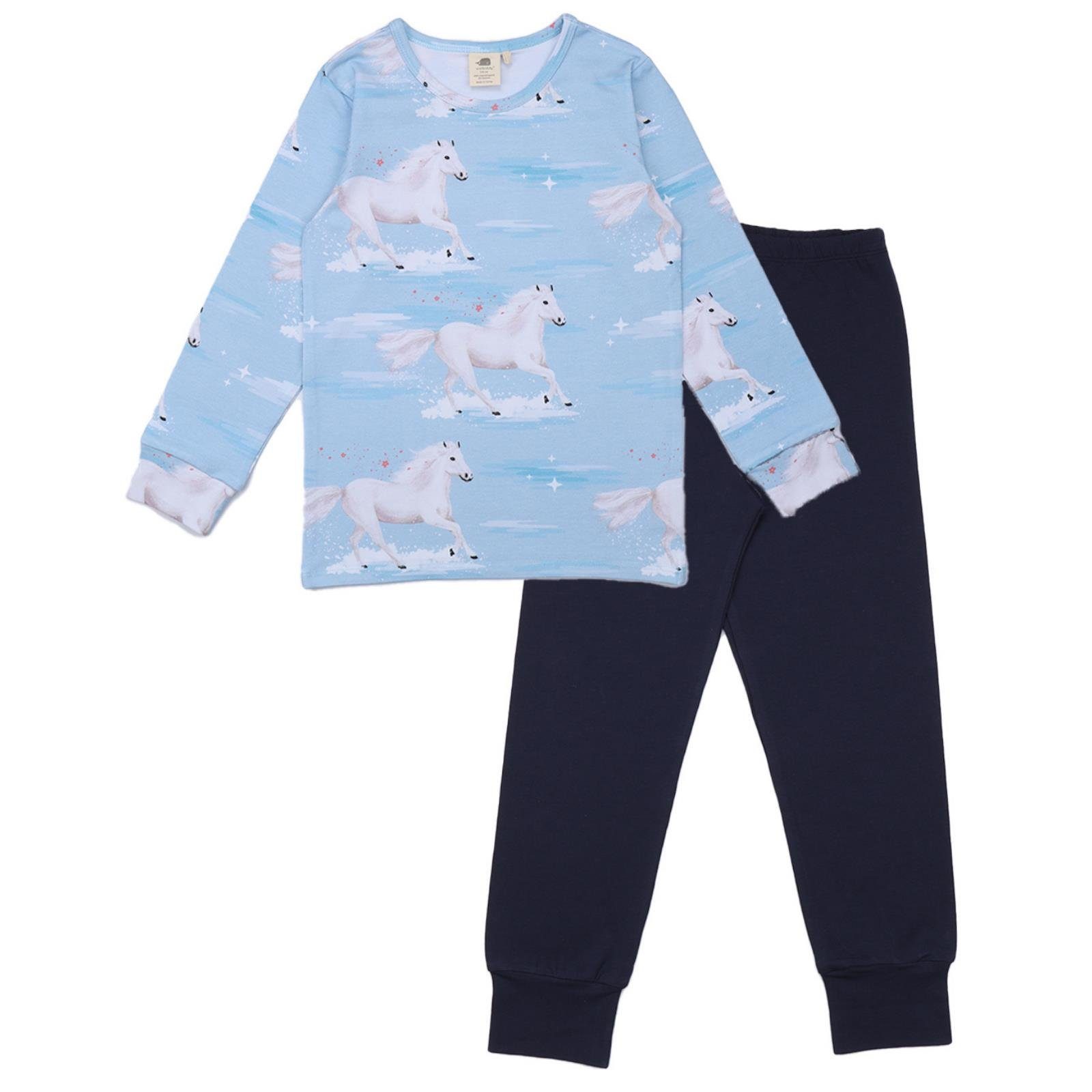 Walkiddy Pyjama Walkiddy Pyjama LS White Horses Pferd Schlafanzug Kinder  Schlafanzug Hellblau Langarm White Horses mit Pferde Print