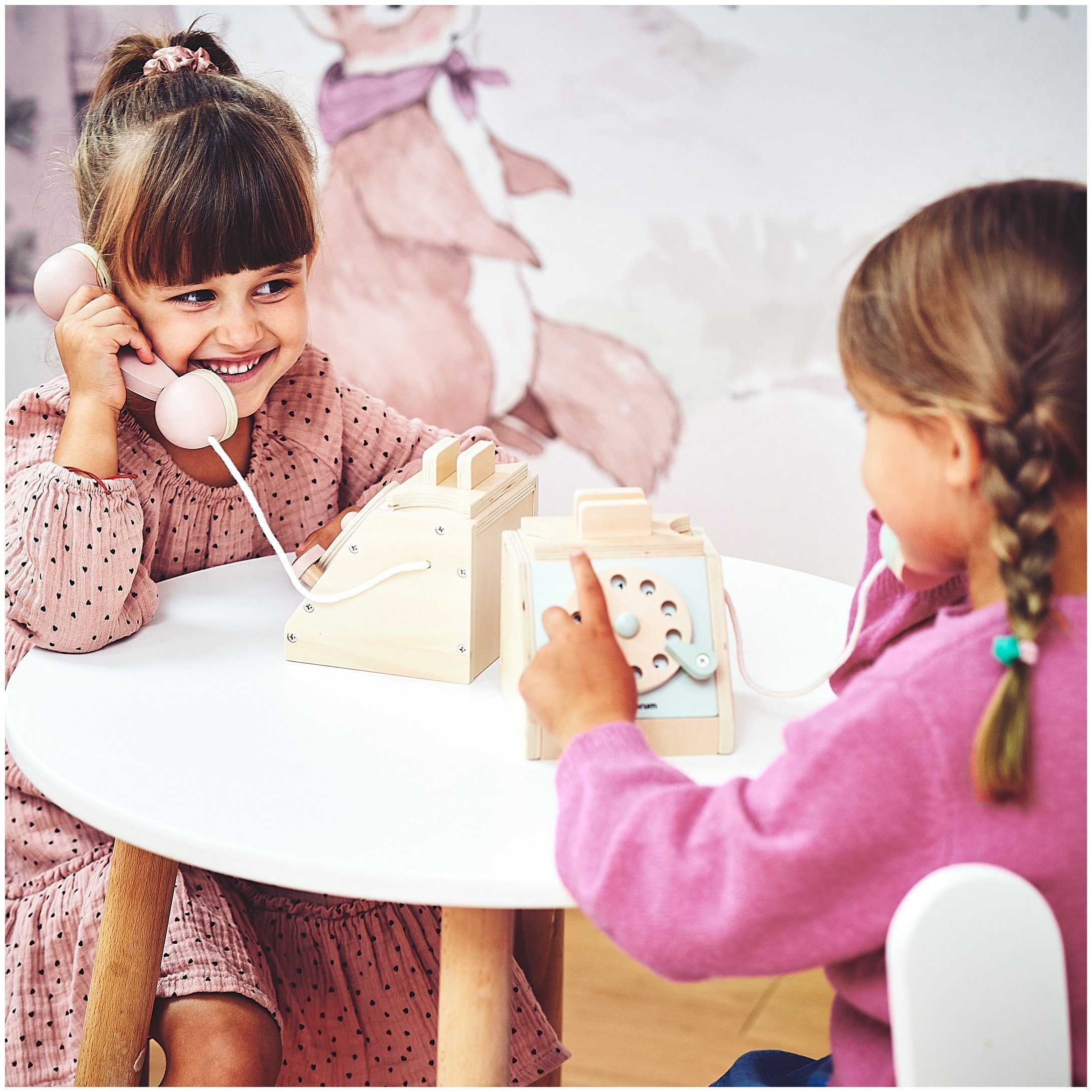 Mamabrum Kinder-Haushaltsset - Retro Holztelefon mit Wählscheibe