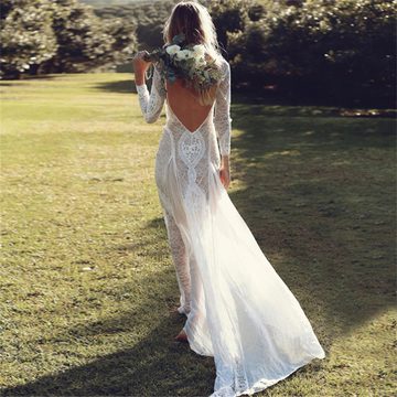 AFAZ New Trading UG Abendkleid Langärmliges, sexy, rückenfreies, bodenlanges Brautkleid aus Spitze