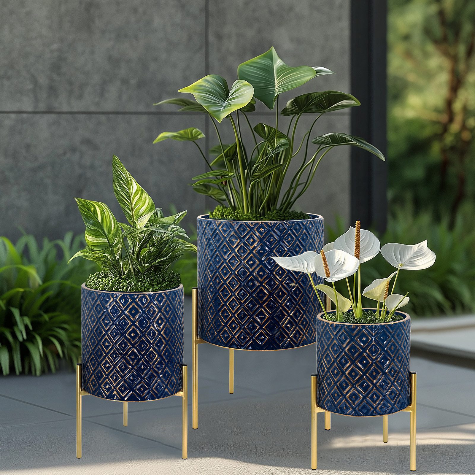 G-LEAF Blumentopf Moderne Pflanzgefäße aus Metall mit einzigartigem Rautenmuster (3 St), mit stabilem Goldständer, einfach zu montieren, blau