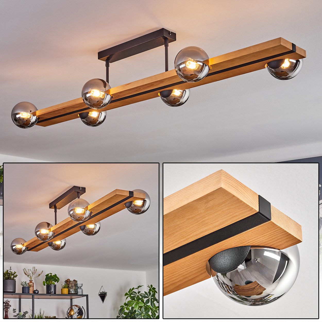 hofstein Deckenleuchte Deckenlampe aus Metall/Holz/Glas in Schwarz/Natur/Ch günstig online kaufen