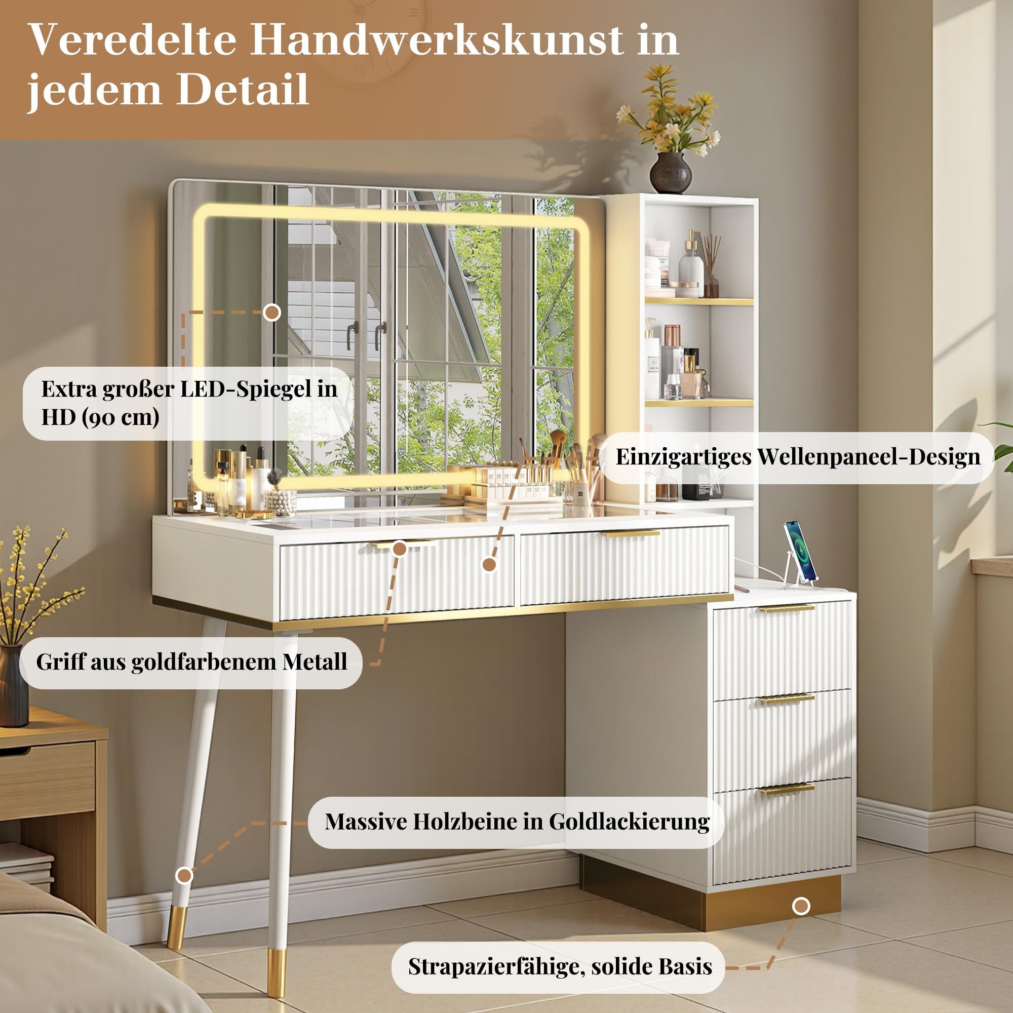 AMERLIFE Schminktisch Schminktisch 122cm Weiß-Gold mit LED-Spiegel und Glasplatte, Integrierte Ladestation, viel Stauraum & modernes Design – Bild 5 von 5
