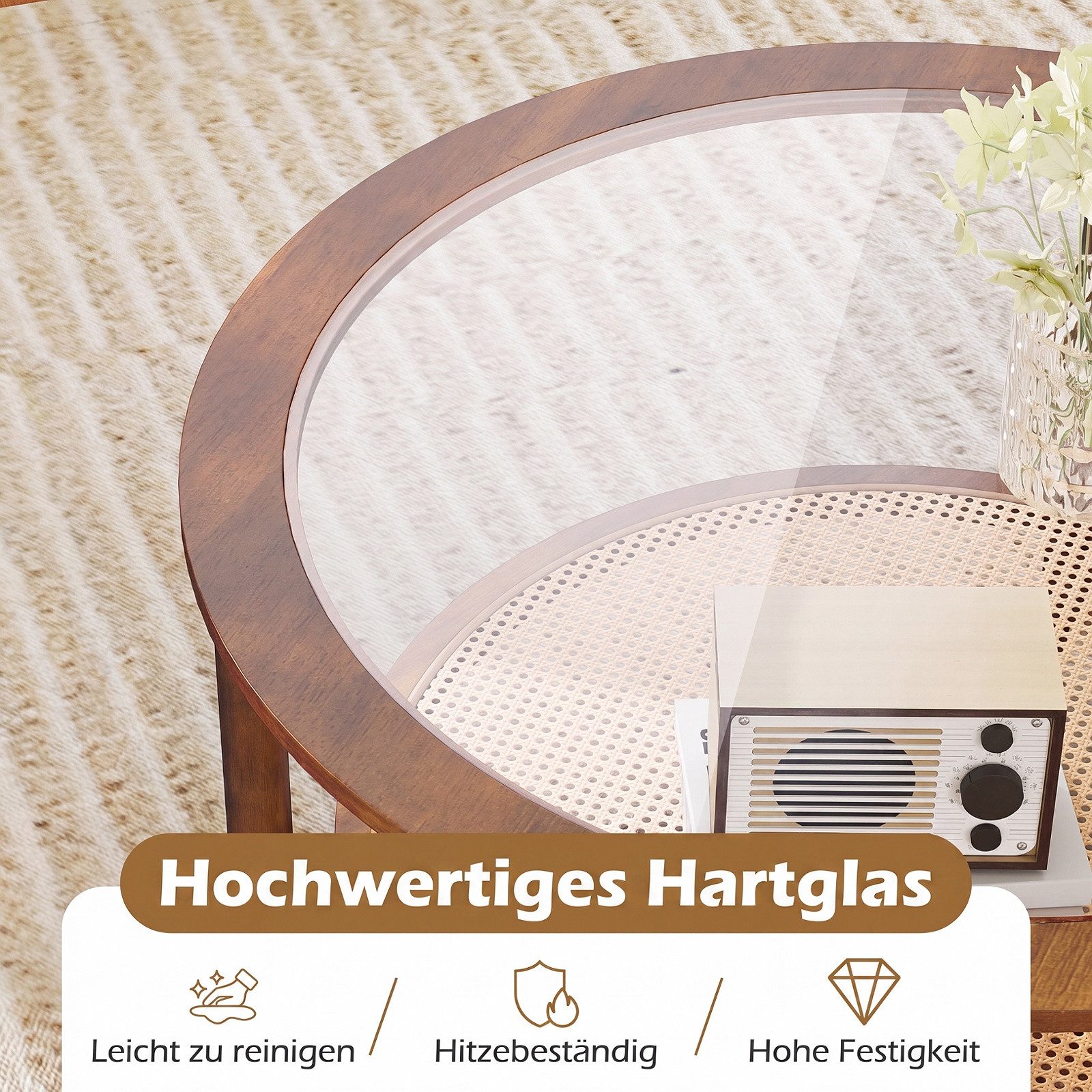 COSTWAY Couchtisch runder Beistelltisch mit Glasplatte & Ablage, 90cm Gummibaumholz – Bild 3 von 5