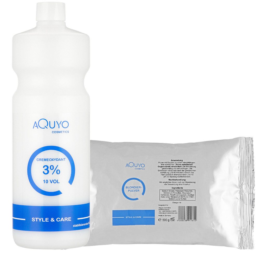 AQUYO Cosmetics Haarfarbe Style & Care Blondierpulver 500g + Creme Oxydant Entwickler 3%, Set