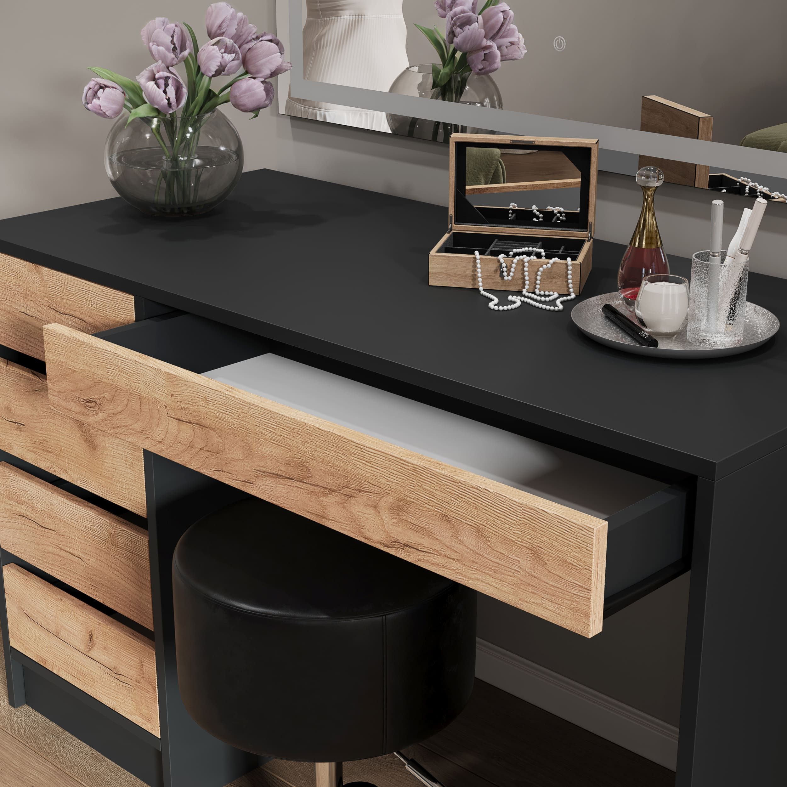 Vicco Schminktisch Sherry, Anthrazit/Goldkraft Eiche, 120 x 75 cm mit LED-Spiegel und ...