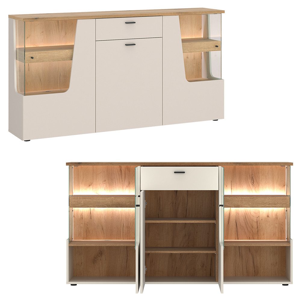 Lomadox Wohnzimmer-Set CARMONA-129, (Mega-Spar-Set, 5-St., Couchtisch Highboard Lowboard Sideboard Vitrine), in Kaschmir und Eiche, inkl. LED-Beleuchtung