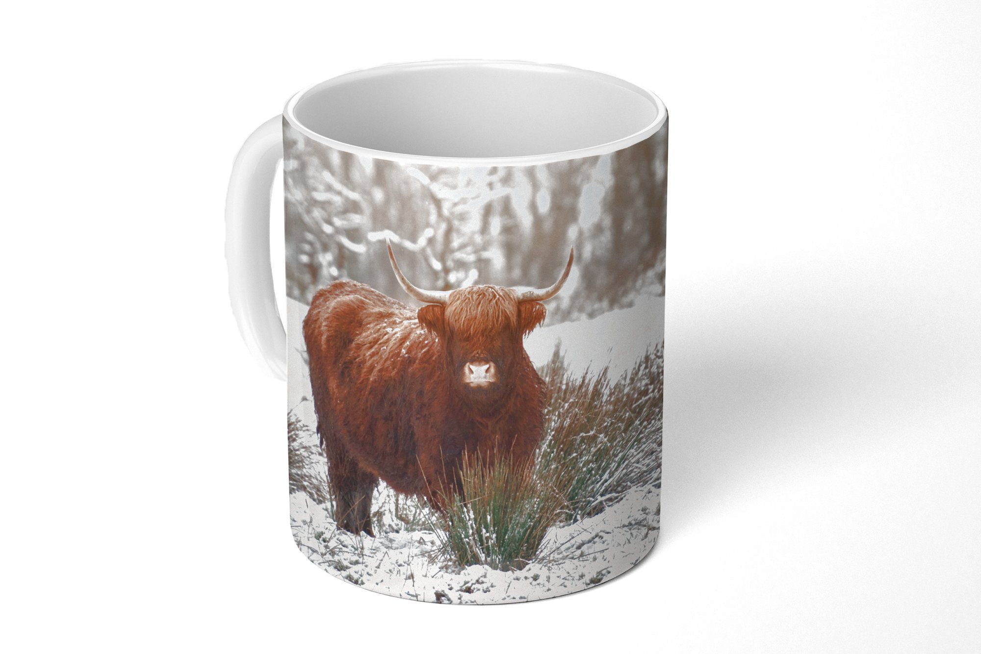 Teetasse, MuchoWow Keramik, Highlander Becher, Schnee Schottischer Kaffeetassen, Geschenk Wald, - Tasse Teetasse, -