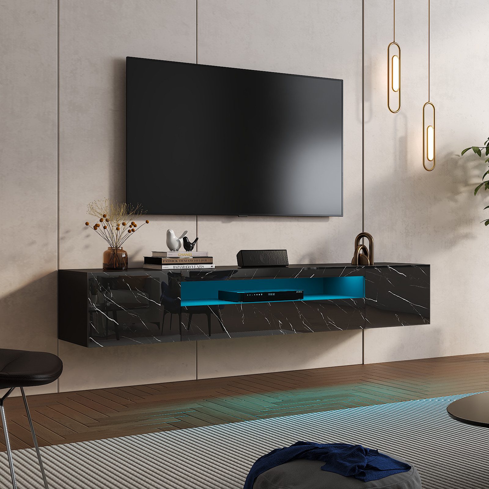 radelldar Lowboard 180cm Hochglanz mit LED-Beleuchtung und Stauraum (1 St), hängender TV-Schrank für Fernseher bis 85 Zoll