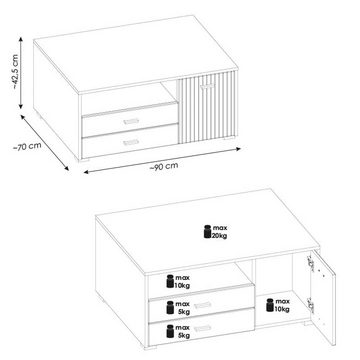 Lomadox Couchtisch HUNTER-61, Wohnzimmertisch weiß matt Eiche Rillen 90x43x70 cm