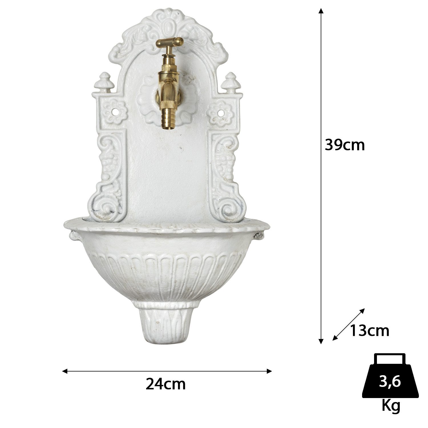 Moritz Dekoobjekt Wandbrunnen Gusseisen Weiß mit Hahn Antikstil 39 cm (Garten Wasserhahn), Bewässerung