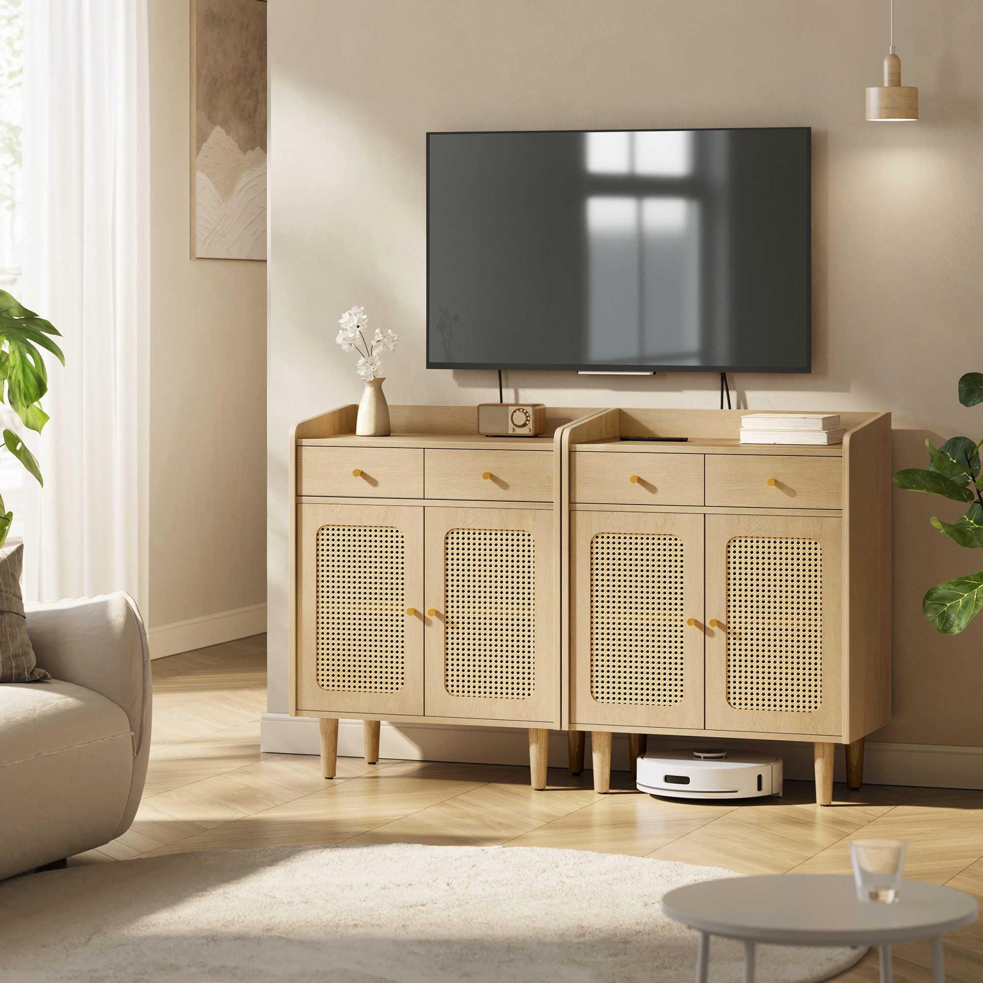 VASAGLE Sideboard Fernsehschrank (SONGMICS HOME BOHOVEN Kollektion, Küchenschrank mit Türen in Rattan-Optik, verstellbare Ablage), Aufbewahrungsschrank mit Schubladen, Boho-Stil, für Esszimmer