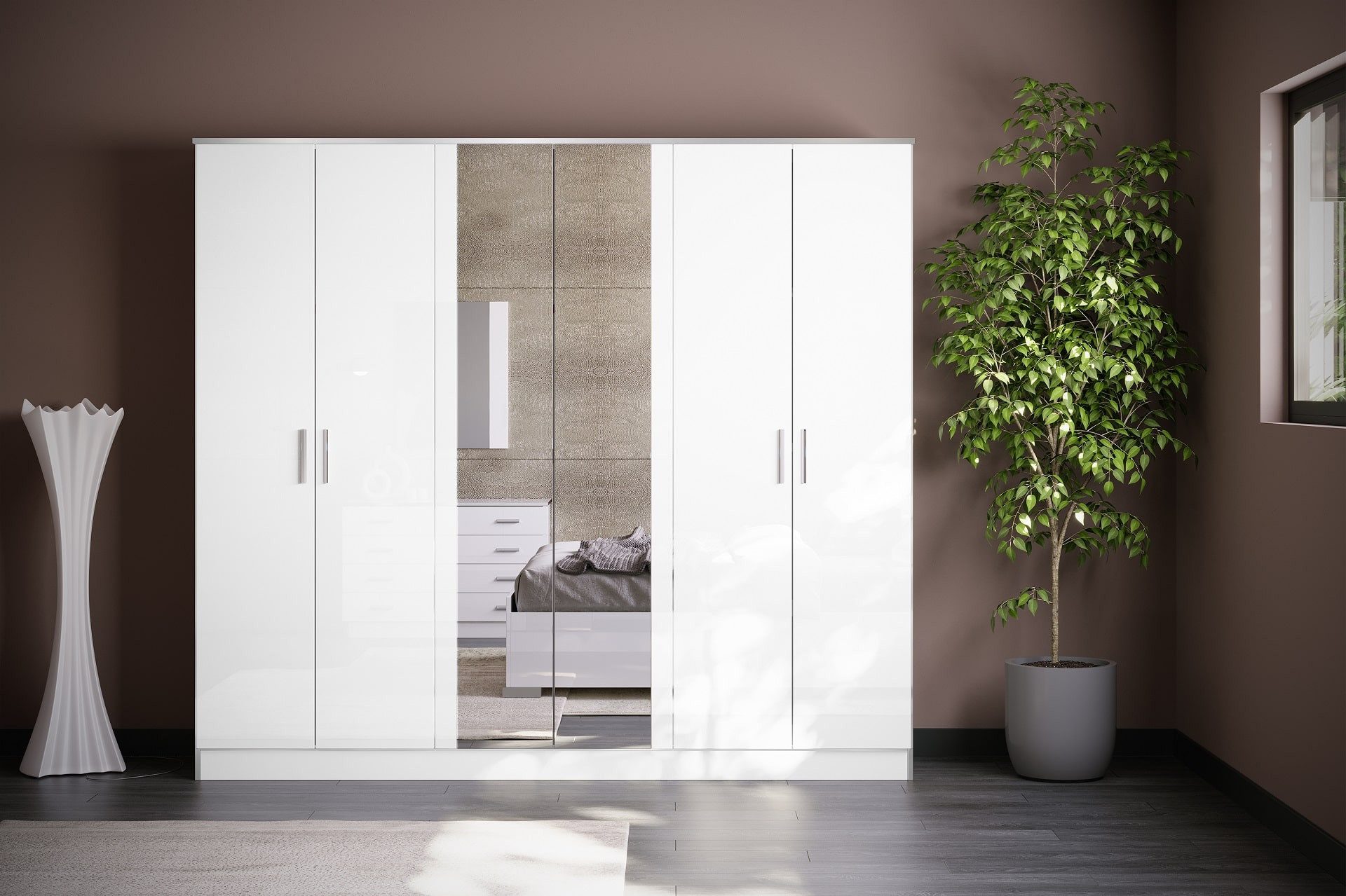 Interdesign24 Kleiderschrank Noemi (6-Türig, mit 2 Spiegeltüren, in Weiß/Silber Hochglanz) Made in Italy