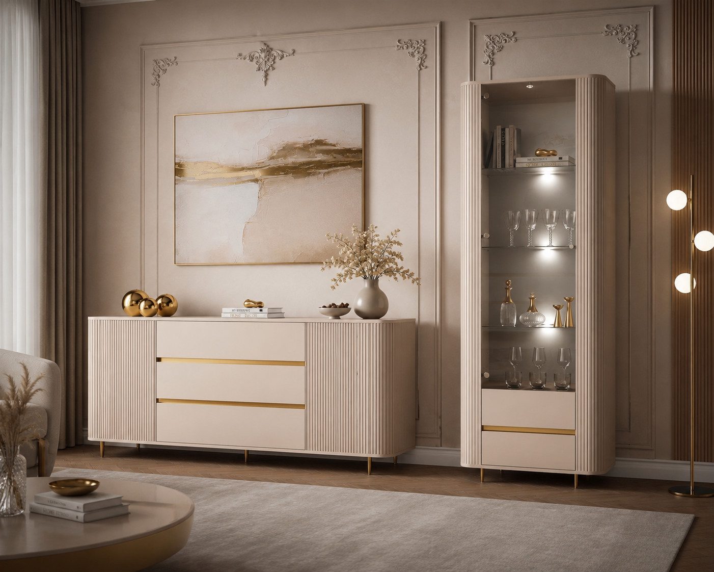 ALLHOUSE24 Wohnzimmer-Set MIRACLE II GOLD, Kommode, Vitrine, Sandbeige, LED, PUSH TO OPEN, (2-St., Das Set besteht aus: Kommode, Vitrine), Breite: Vitrine: 76 cm, Kommode: 180 cm