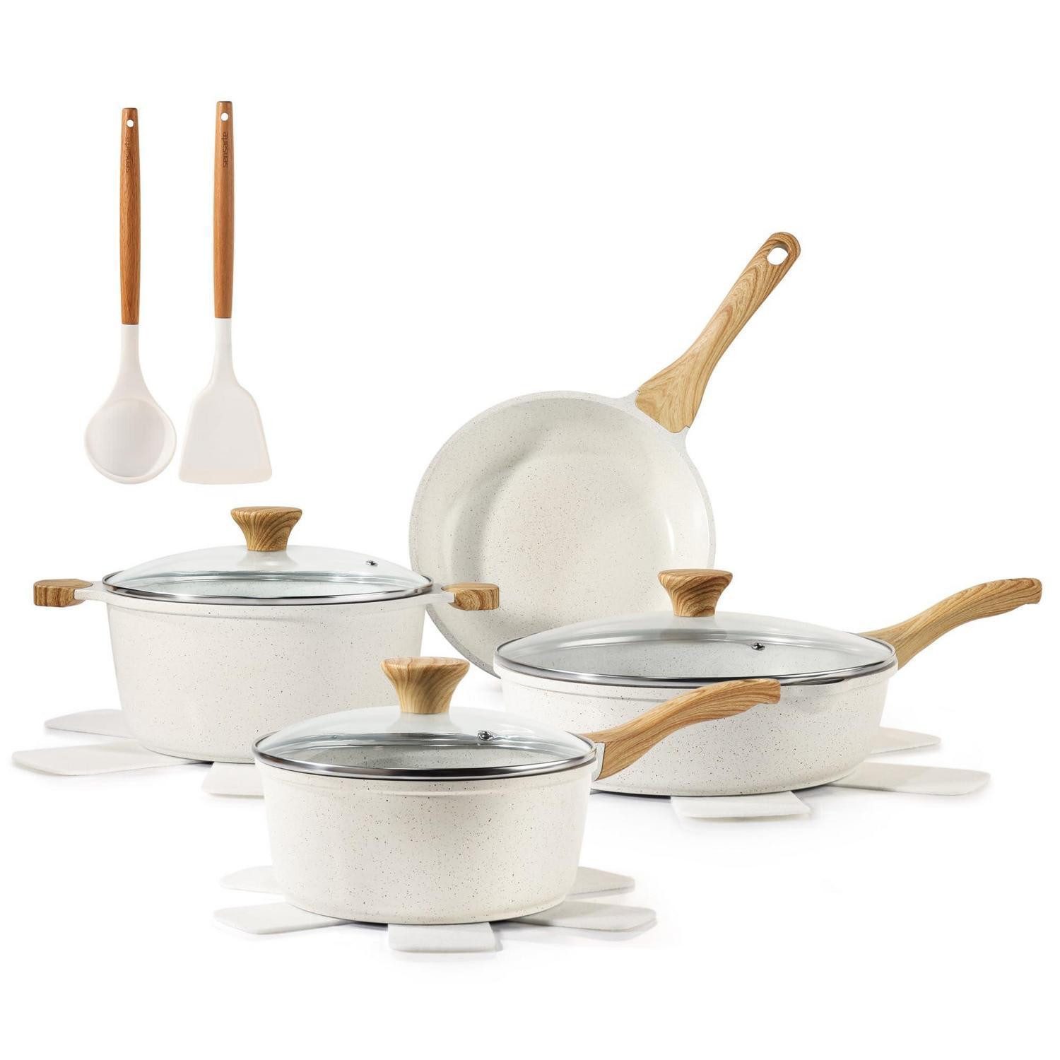 LuxusKollektion Pfannen-Set Pfannenset 13tlg. Beige/Weiss Keramik Antihaft