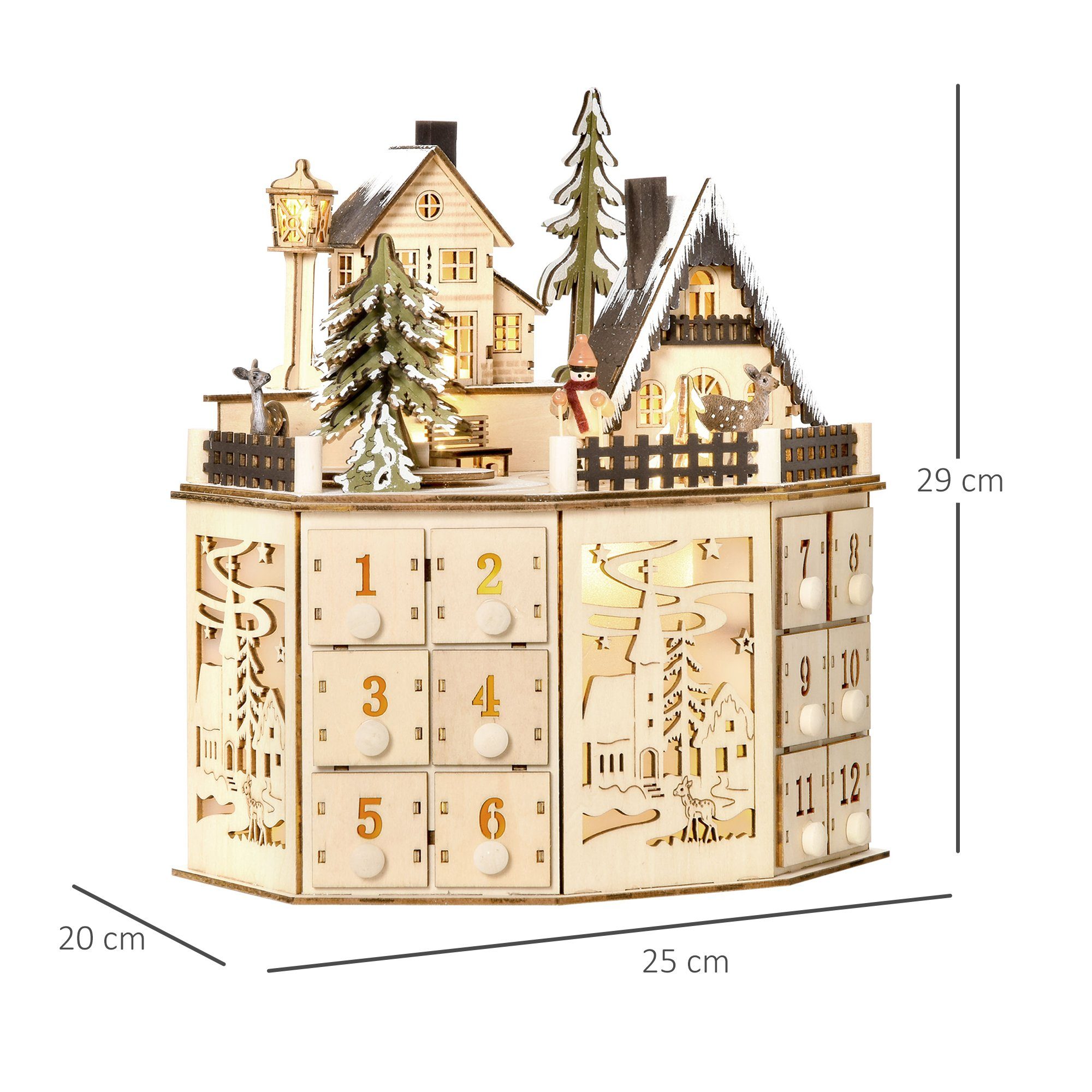 HOMCOM Weihnachtsdorf Weihnachts-Adventskalender, mit LED-Lichtern Adventskalenderbox, Naturholz 25 x 20 x 29 cm