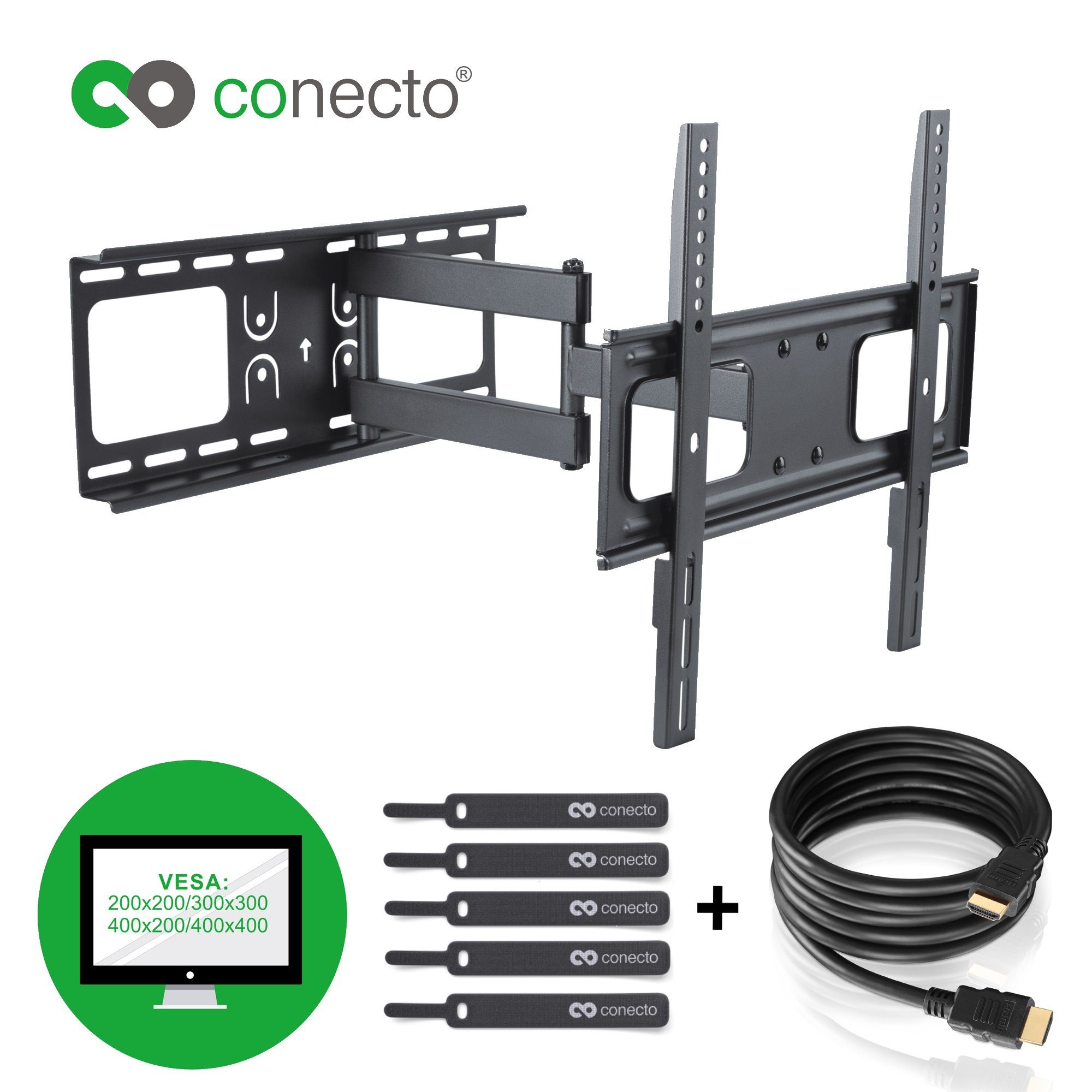 conecto TV-Wandhalterung TV Wandhalter für LCD LED Fernseher & Monitor, (bis 52 Zoll, inklusive HDMI-Kabel und Klett-Kabelbinder, neigbar, schwenkbar)