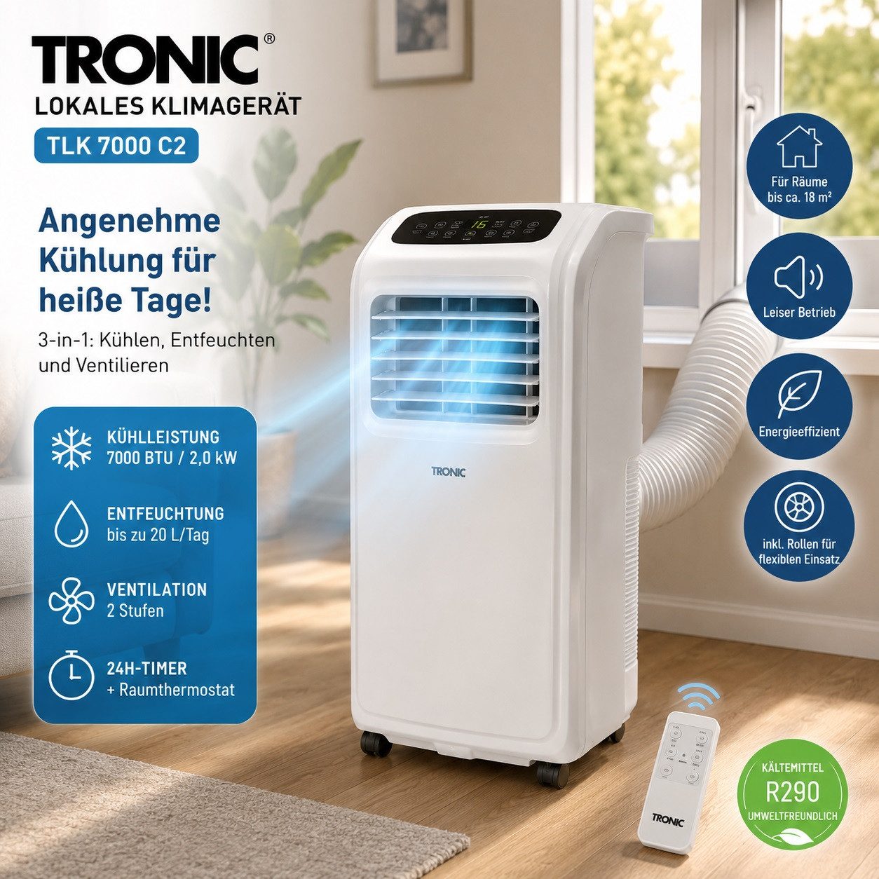 3-in-1-Klimagerät Lokales Klimagerät 3in1 Kühlen, Luftentfeuchten,Ventilieren (7000 BTU)