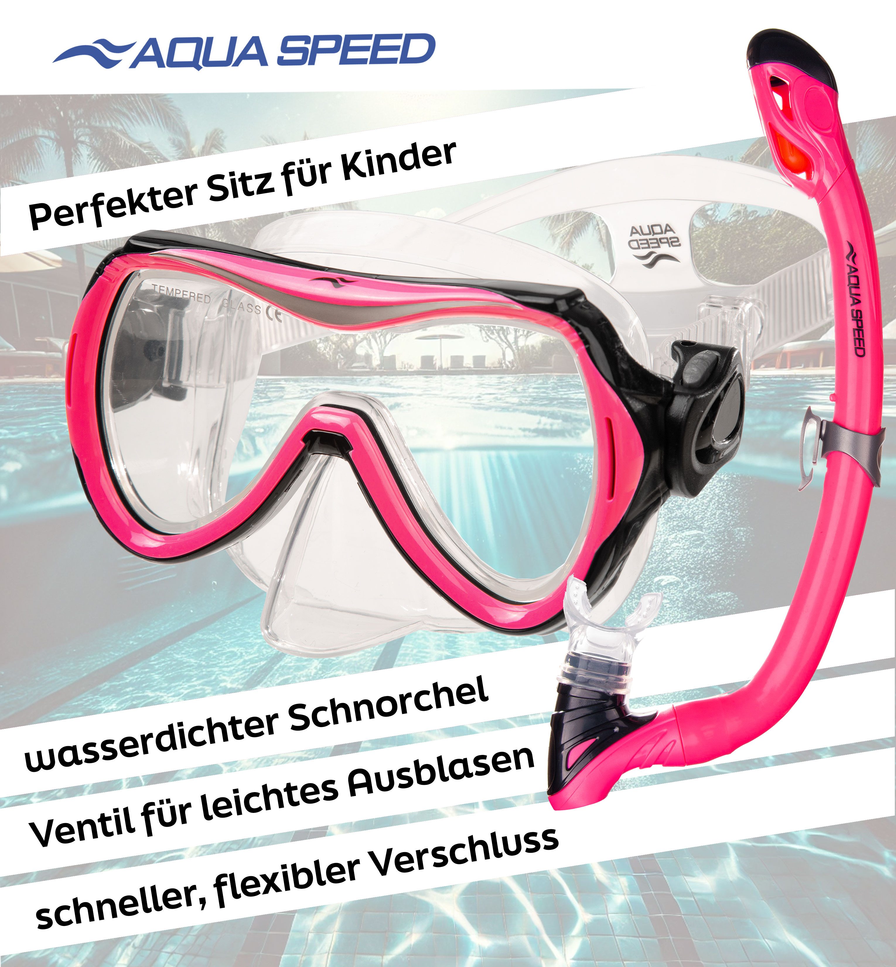 Aqua Speed Schnorchel Schnorchelset ALIZE + SAMOS Tauchmaske für Kinder, mit Netzbeutel (Kinderschnorchelset mit Maske und Schnorchel im Netzbeutel), EASY-ADJUST Kopfband für sicheren und bequemen Sitz