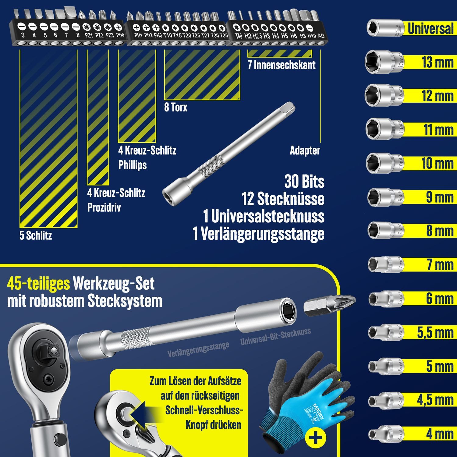 Thumbnail - MASKO Drehmomentschlüssel, 45-tlg. Set Auto, Fahrrad & Motorrad 1/4 Zoll 5-25Nm inkl. Handschuhe