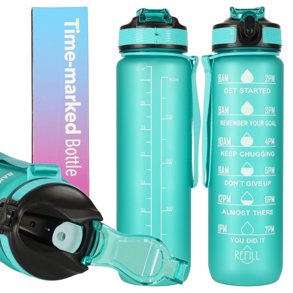 Ikonka Trinkflasche Motivations-Wasserflasche 1L – Tritan, BPA-frei, mit Strohhalm, Motivations-Wasserflasche mit Strohhalm und Messskala, 1L