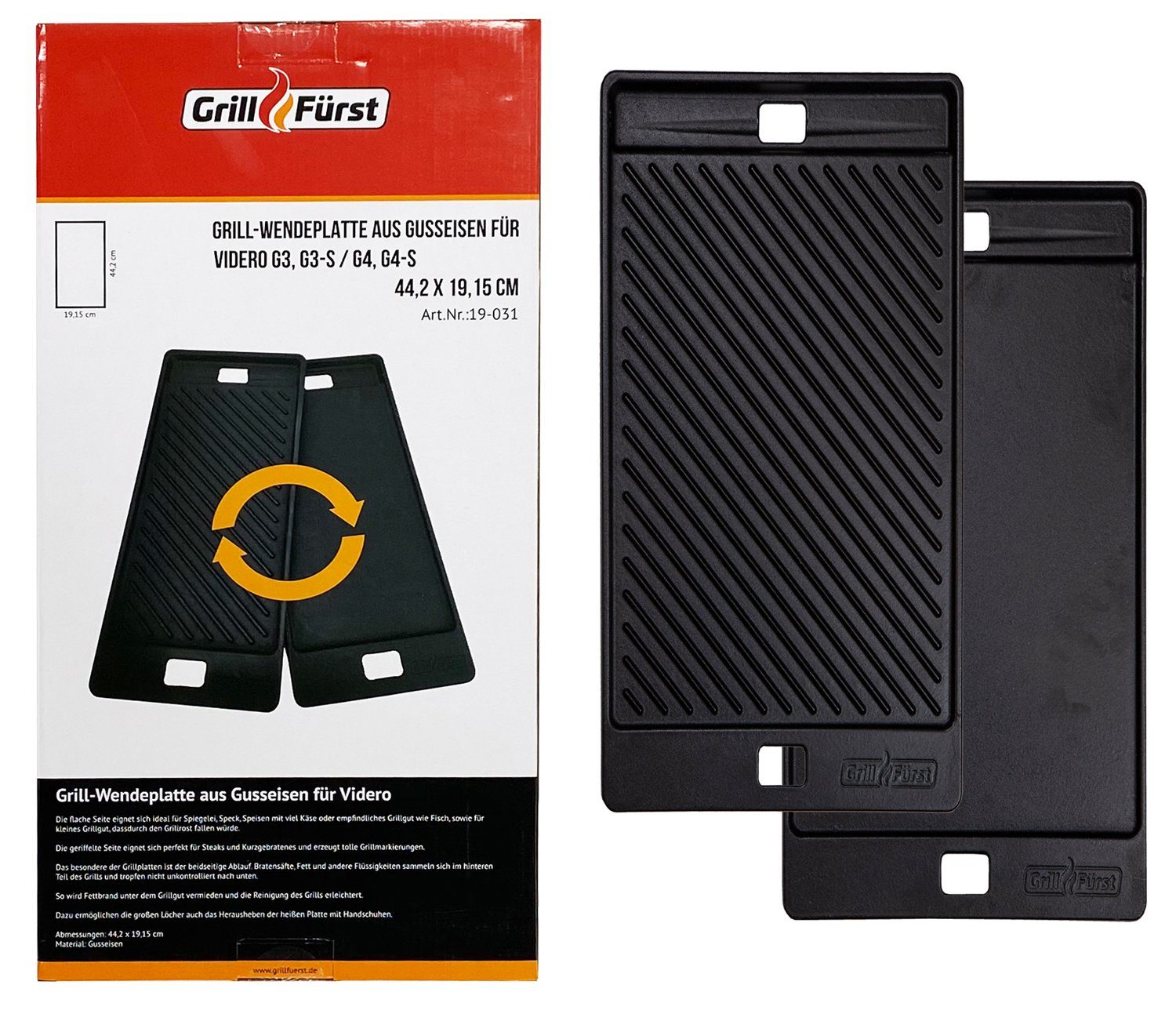 Grillfürst Grillplatte Grillfürst Grillplatte Gusseisen für Videro G3/G3-S und G4/G4-S bis Modell 2020, auch für G2-S Vario+ und G3-S Vario+ geeignet, 44,5 x 19,2 cm