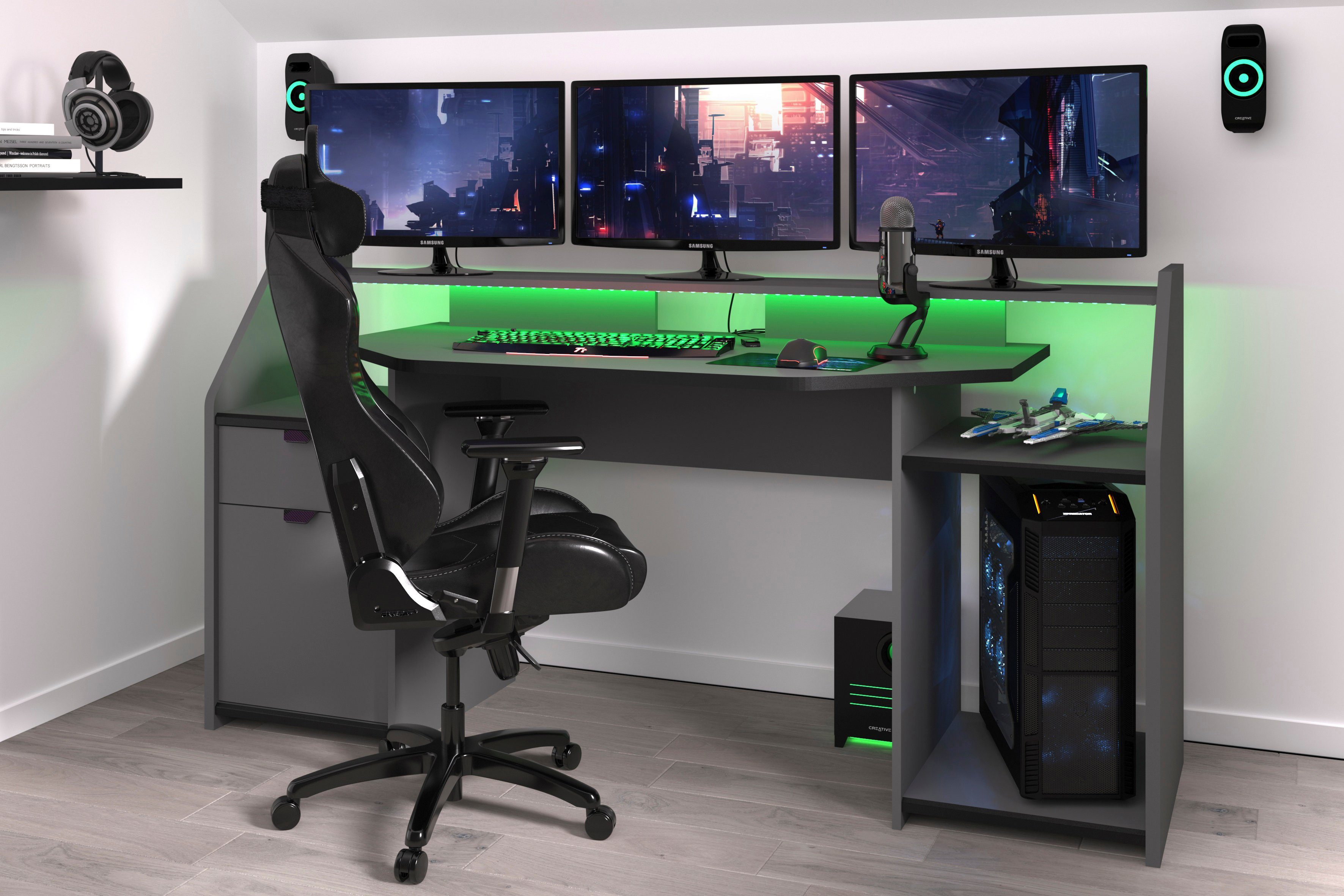 Faizee Möbel Computertisch Gaming Tisch Gamer Ergonomischer PC Schreibtisch  LED mit Farbwechsel