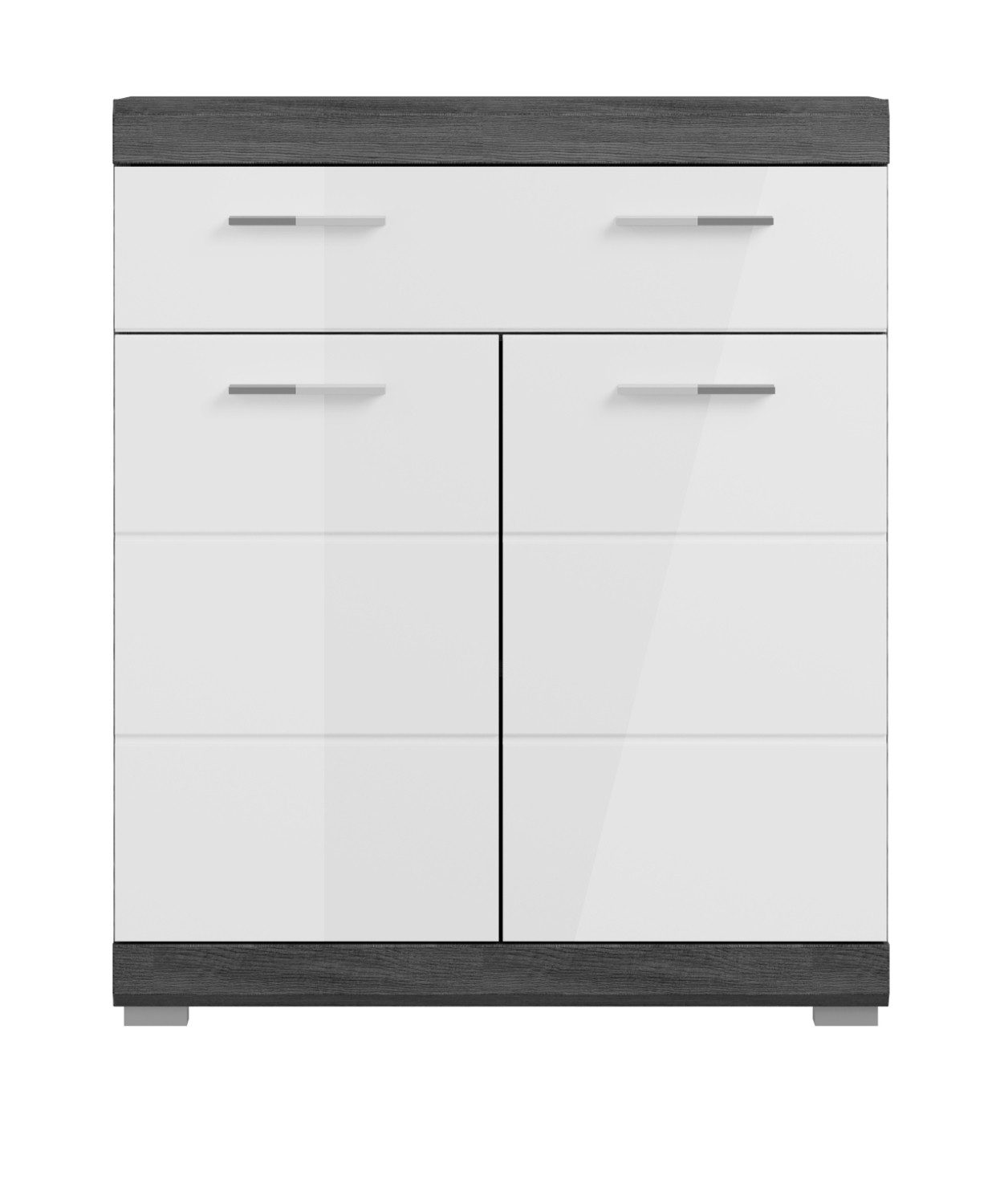 Inn.Furn Kommode Shawn (Badschrank in Weiß Hochglanz und Grau, 2-türig, 74 x 88 cm), mit großem Vollauszug-Schubkasten. Reduzierter Preis € 157,79. Unverbindliche Preisempfehlung € 189,99
