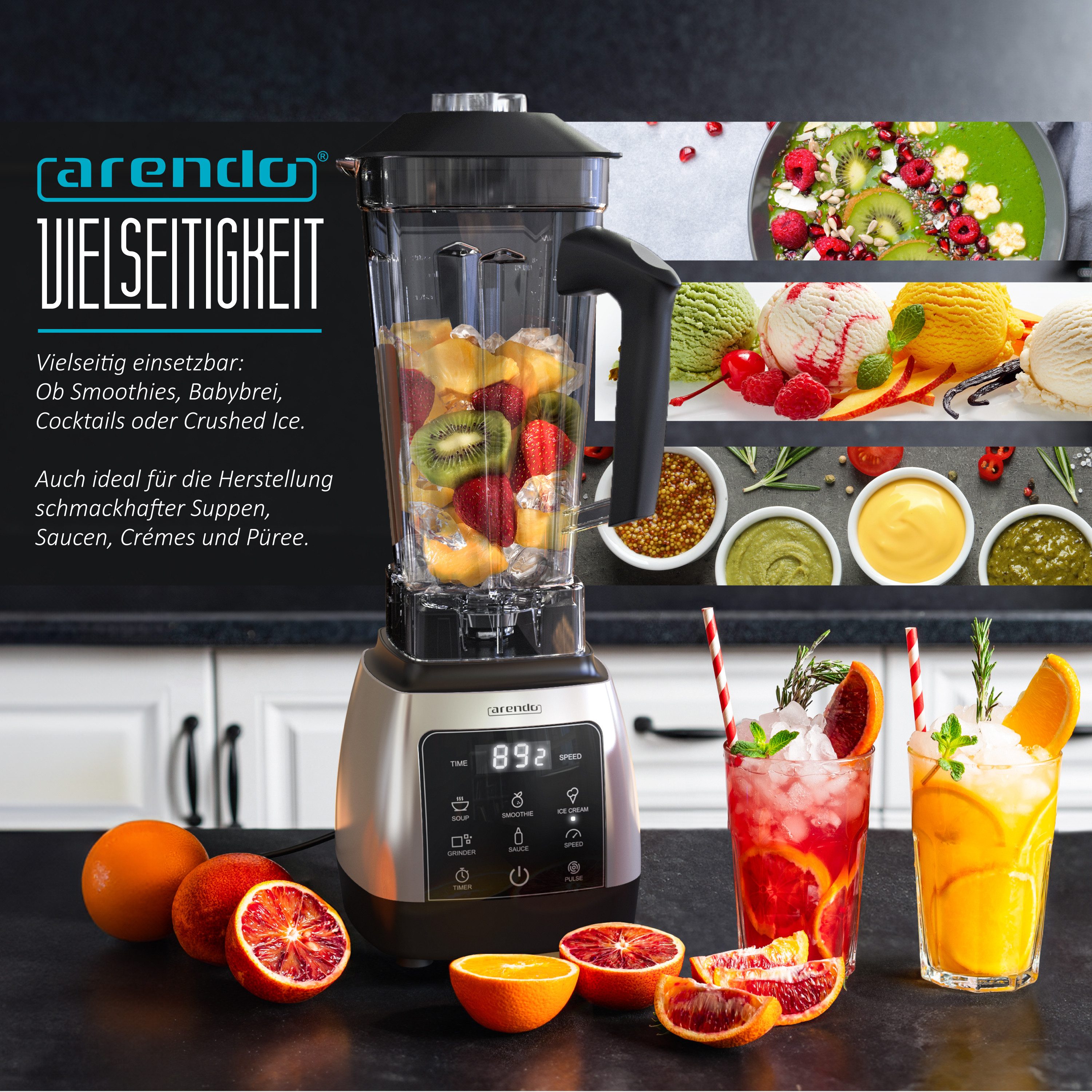 Arendo Standmixer Hochleitungsmixer 2000 W mit Touchpanel, max. 24.000 U/min, Blender, 2000 W, Smoothie Maker, Timer, 5 Programme, Mixer mit Display – Bild 5 von 5