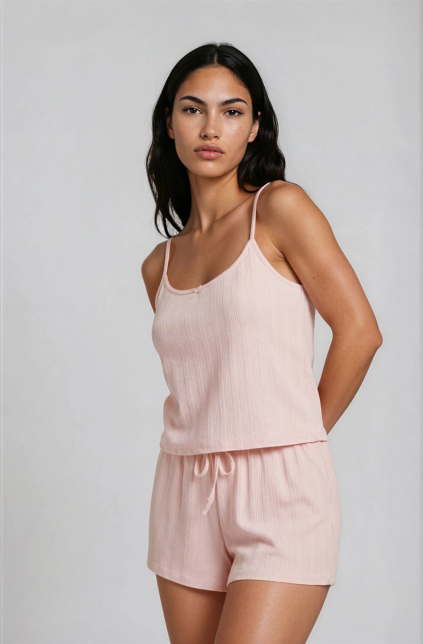 Mademoiselle Sommeil Shorty Damen Schlafanzug in Rosé aus 100% Baumwolle Pointelle-Strick, Spaghettiträger, kurze Hose, Made in Polen