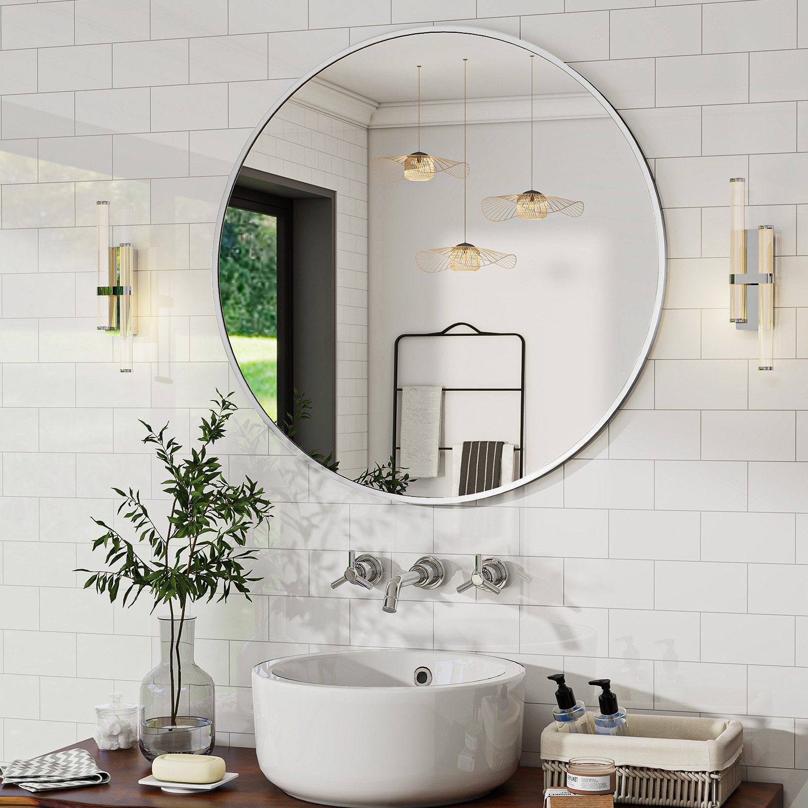 Koonmi Wandspiegel Silberner runder Badezimmerspiegel günstig online kaufen