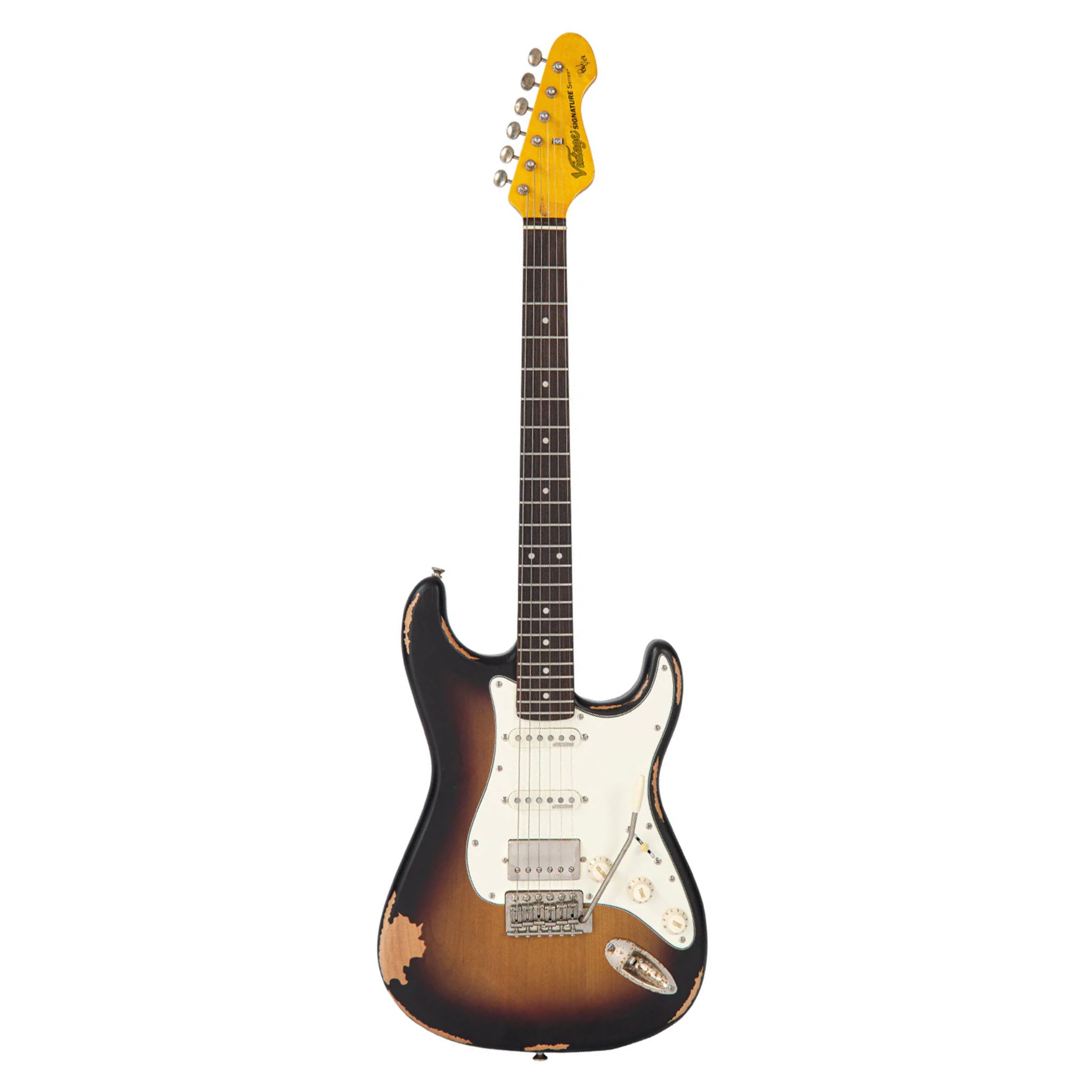 VINTAGE E-Gitarre, E-Gitarren, ST-Modelle, Icon V6HMRPR Paul Rose Signature Distressed Sunset Sunburst -