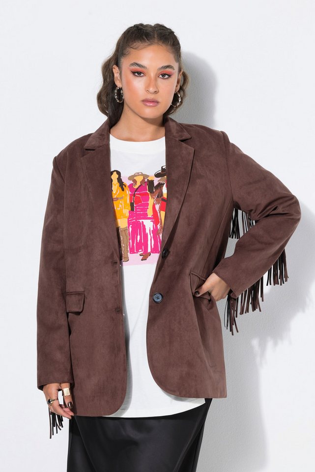 Studio Untold Blusenblazer Blazer oversized Velours Fakeleder Ärmelfransen