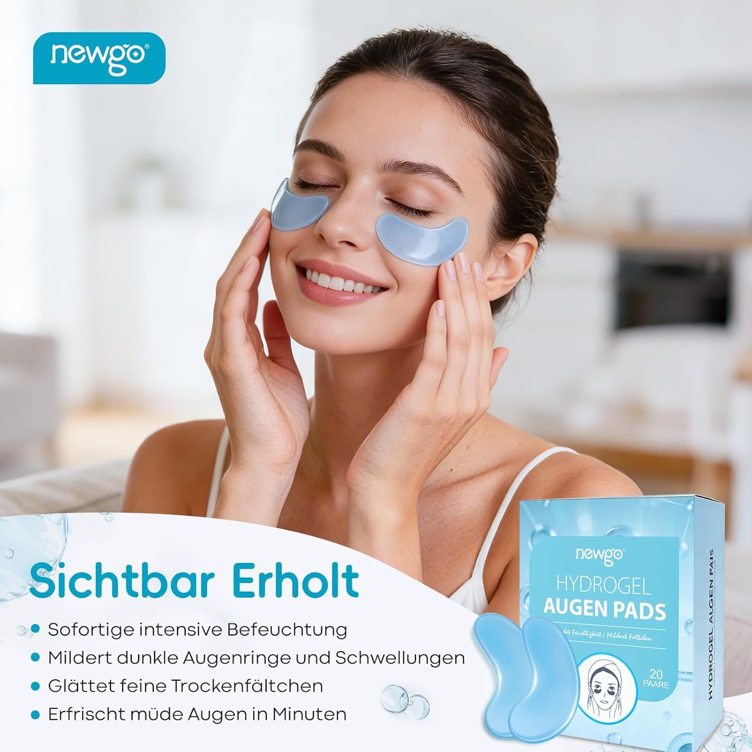 NEWGO Augenpads Hyaluron-Kollagen mit Vitamin E (20 Paar), 20-tlg., Gegen Augenringe Tränensäcke Falten Dunkle Kreise & Puffiness