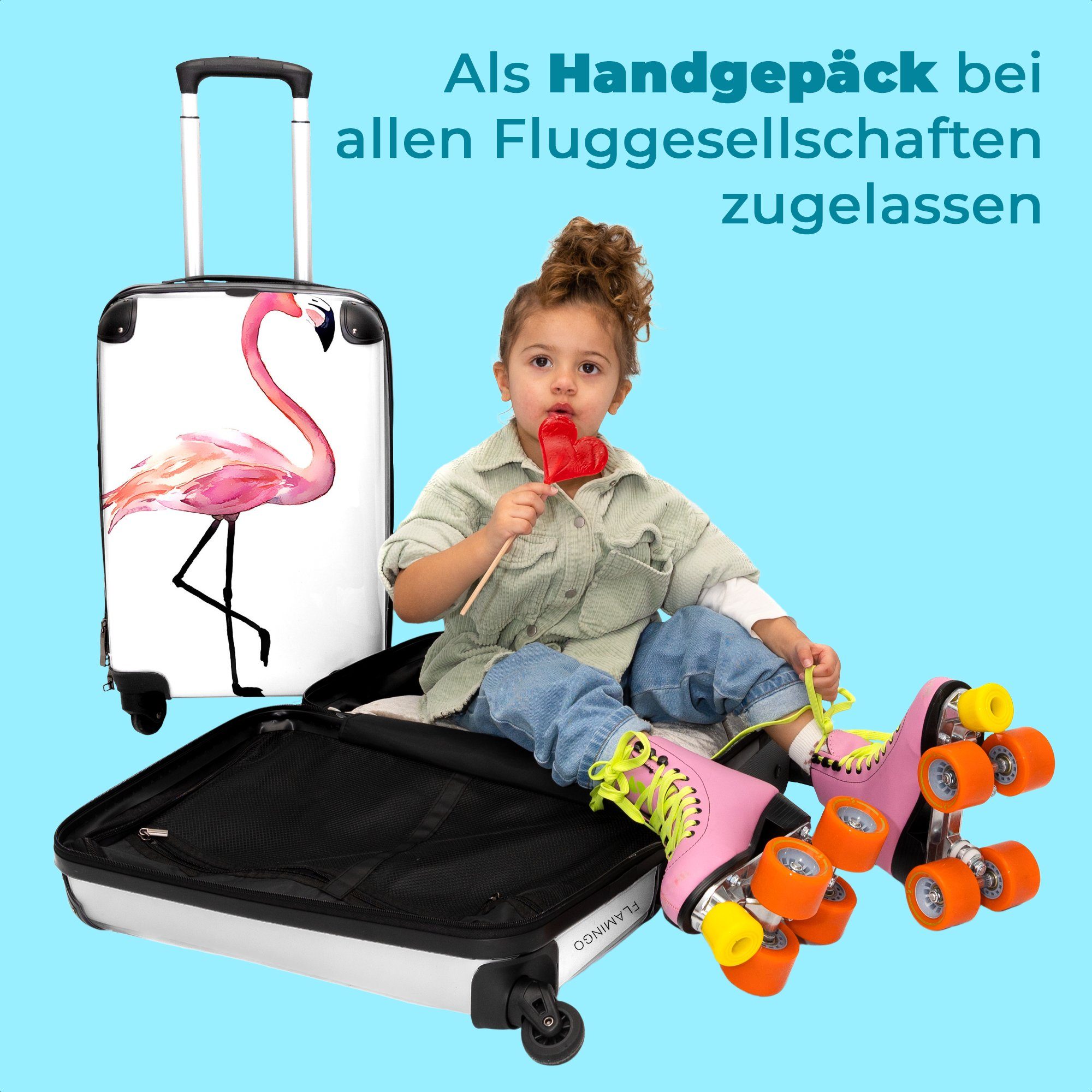 Aquarell NoBoringSuitcases.com© Rollen, Vogel Reisekoffer Kinderkoffer Flamingo Rosa, 4 55x35x20cm - - - - Mädchen für Koffer Mädchen rollen, 4 Kindertrolley, mit