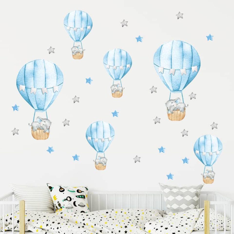Montegoni Wandsticker Blaue Babyelefant Wandsticker mit Heißluftballon und Sternen, Selbstklebende Wandsticker, leicht entfernbar – Bild 3 von 5