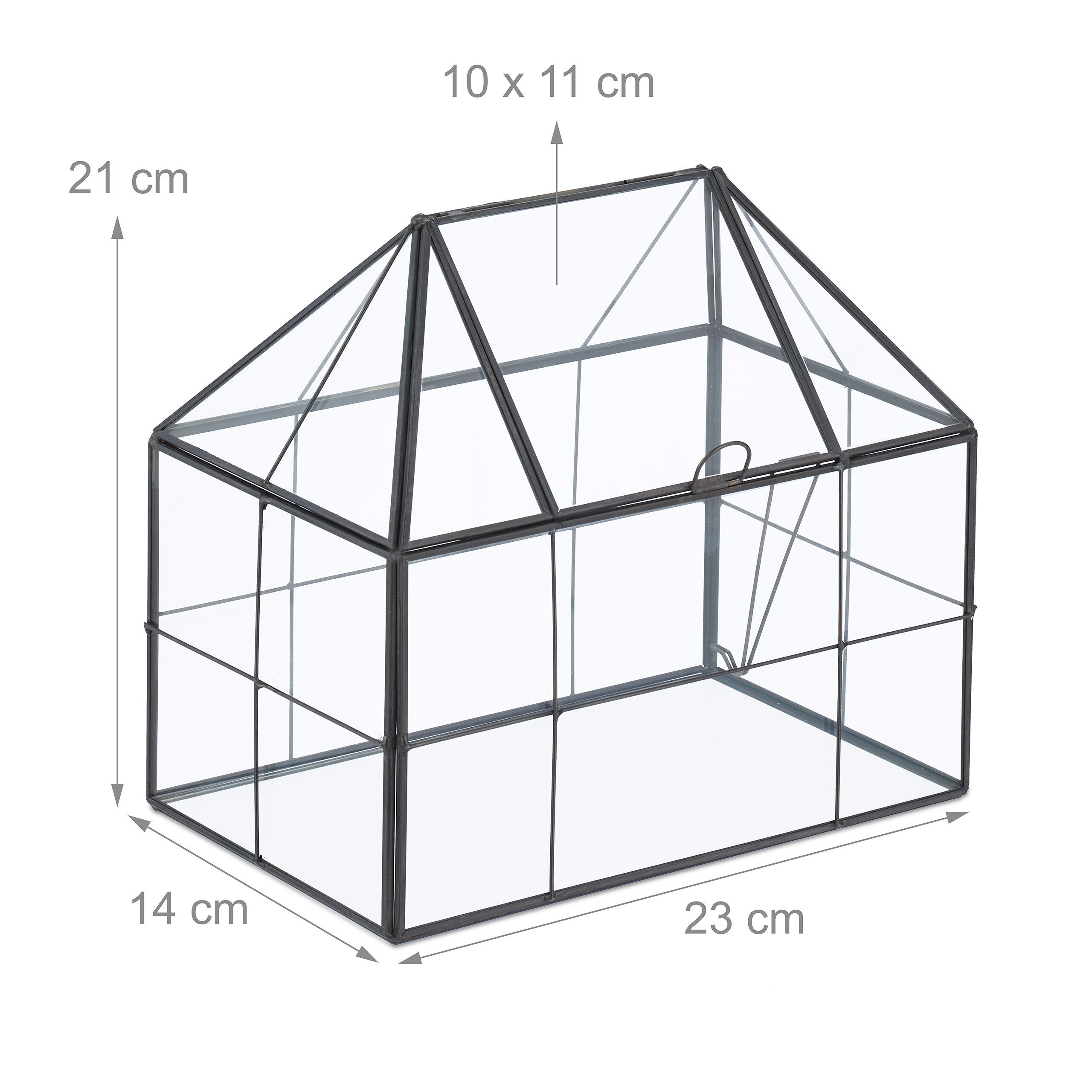 relaxdays Gewächshaus Pflanzenterrarium aus Glas Hausform, BxTxH: 23 x 14 x 21 cm, BxLxH: 23 x 14 x 21 cm, 0.5 mm Wandstärke, 1-St., schwarz – Bild 4 von 5