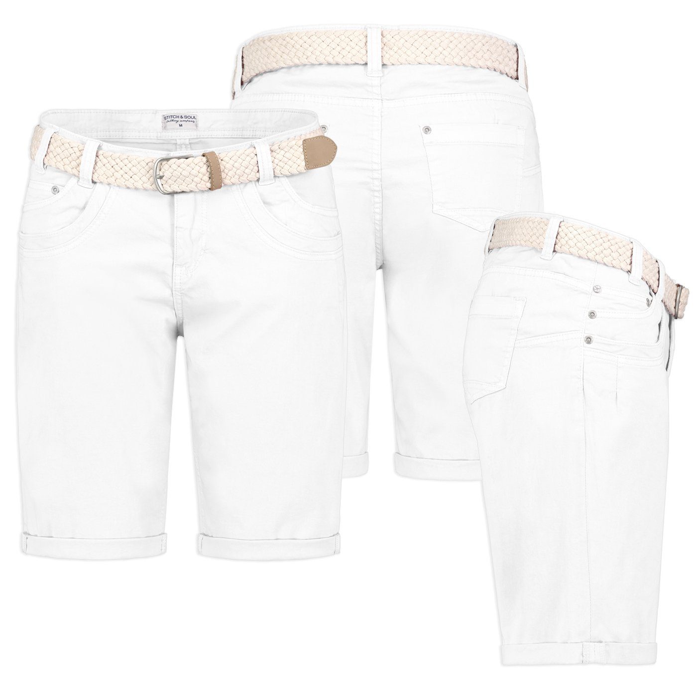 Stitch & Soul Bermudas Damen Short Bermuda kurze Hose Sommer Chino Stoff Hose mit Gürtel Weiß