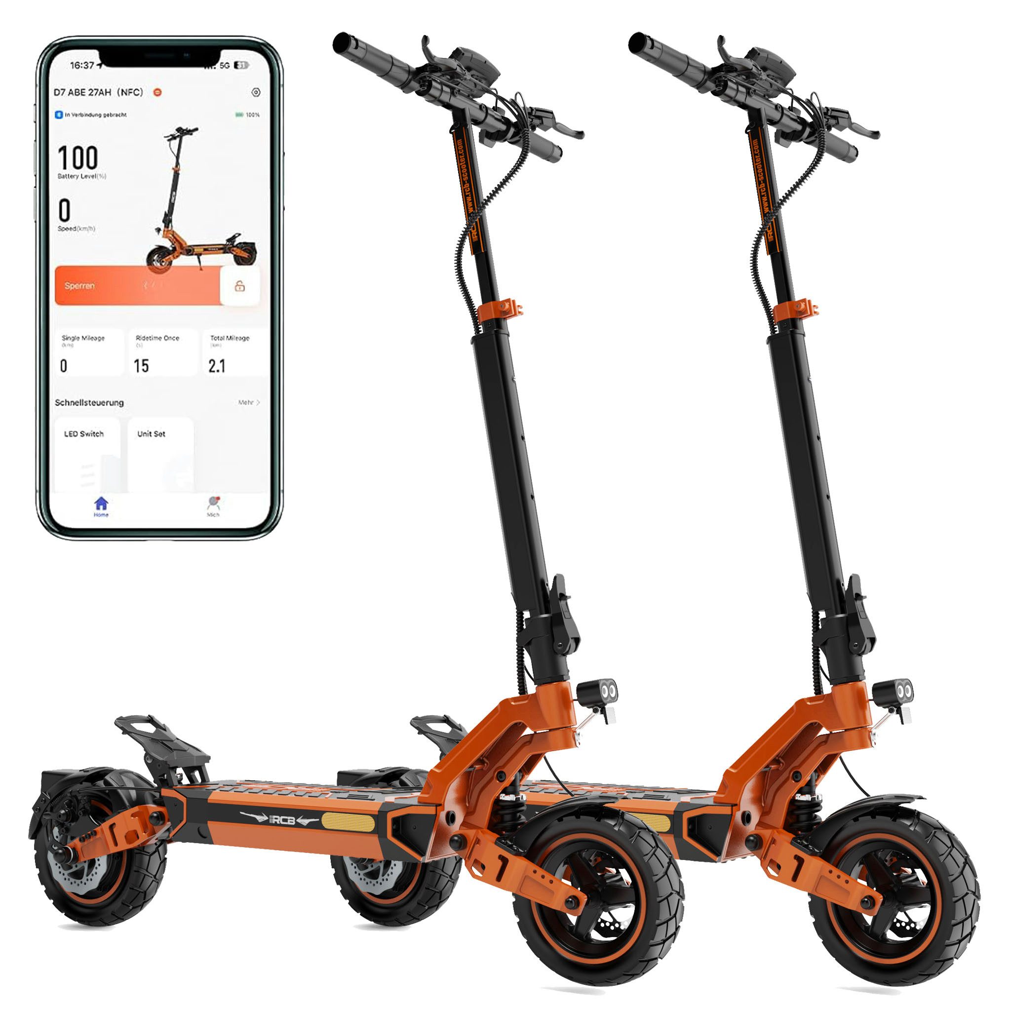 RCB E-Scooter D7 Pro Ultra mit Straßenzulassung NFC Blinker App bis 120km Reichweite, 500 W, 20 km/h, 1600 W Peaklleistung, 150 kg Gesamtmasse