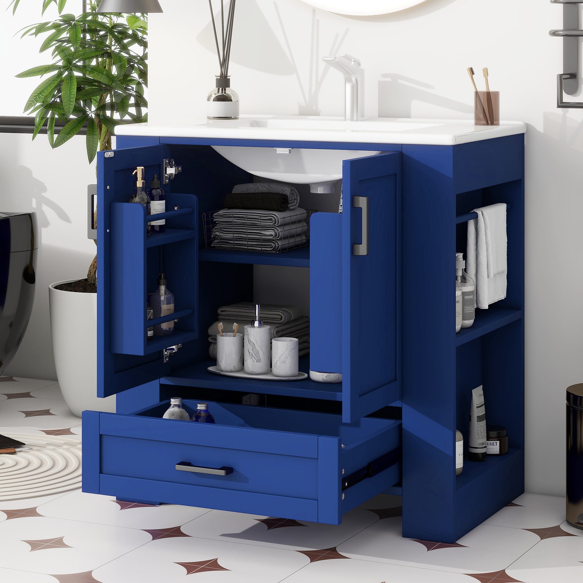 TavilaEcon Waschtisch mit Regalen auf beiden Seiten und zwei Türen, Blau, 76x46x78,5cm, mit verstellbaren Regalen und einer leisen Schublade