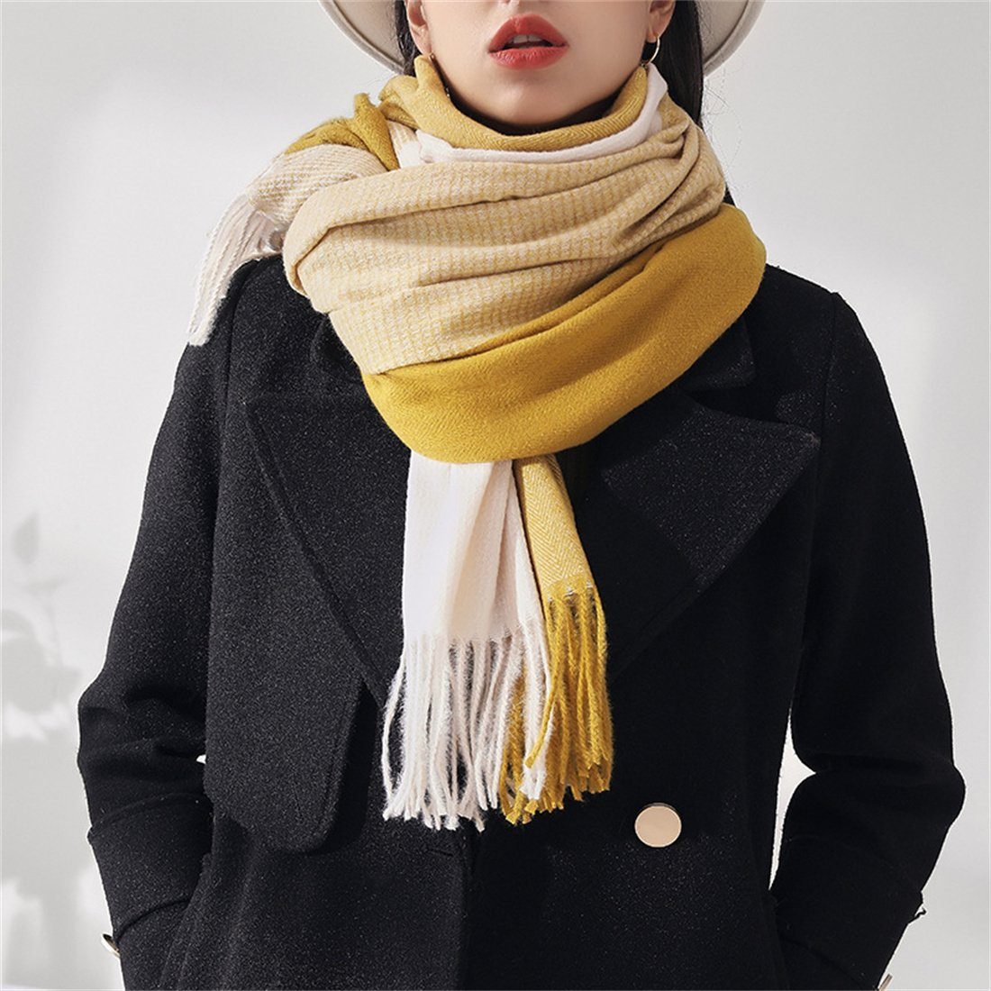 OUIN Modeschal Damen Faux Kaschmir Quastenschal, Herbst und Winter warme Retro-Schal Gelb | Modeschals