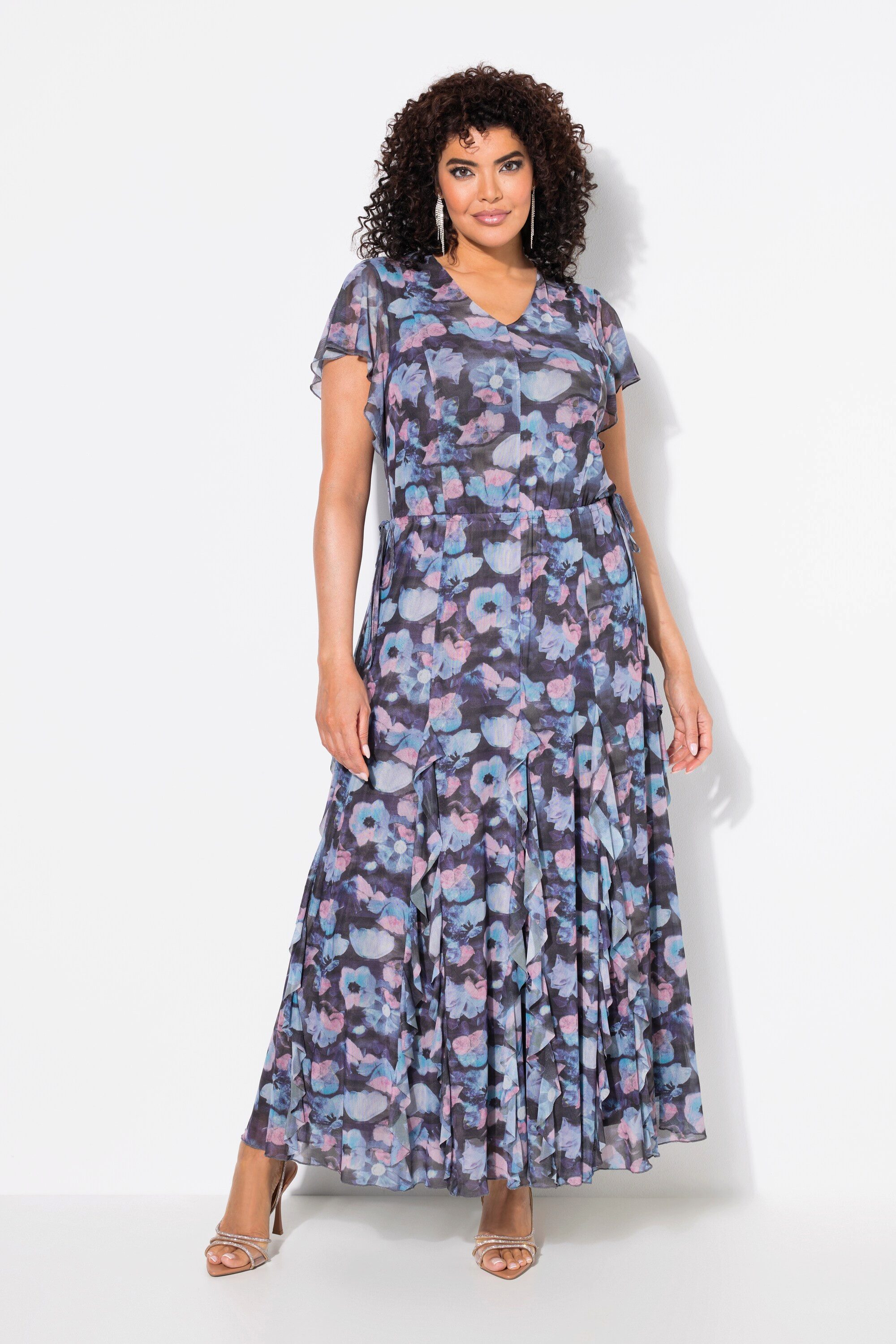 Maxikleid Mesh-Abendkleid Blüten V-Ausschnitt Flügel-Halbarm