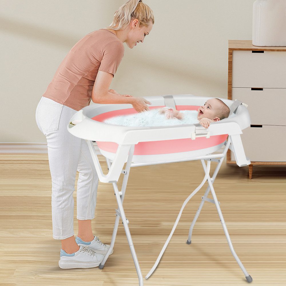 JEOBEST Babybadewanne Baby Badewanne mit Gestell, Baby Wanne mit Badematte, Faltbare, (Baby Pflegeset für Neugeborene), Babywanne, Sitz, Ständer, Abfluss