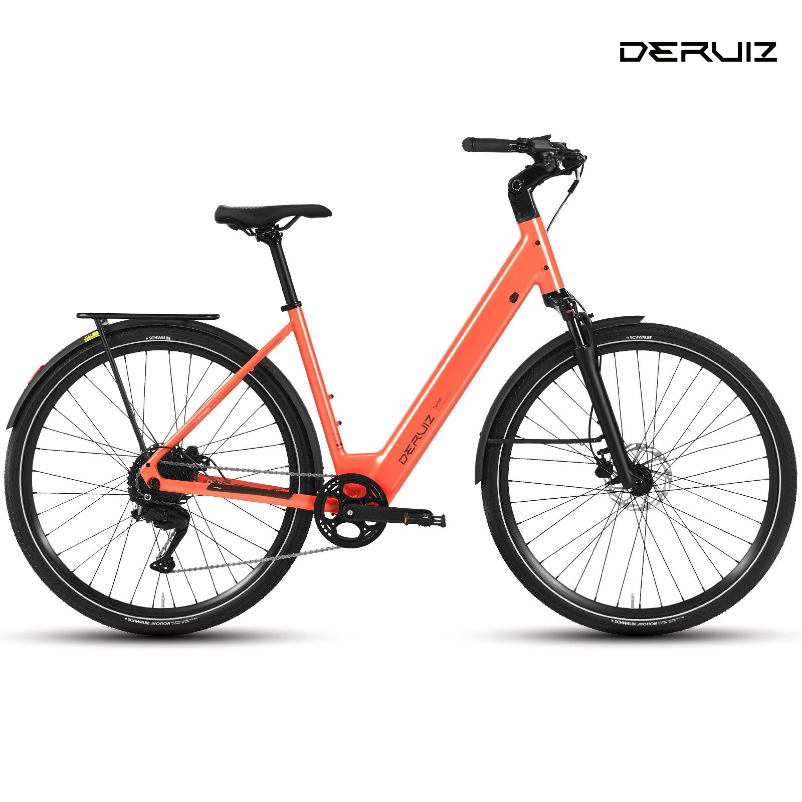 DERUIZ E-Bike Cityrad 28 Zoll für Damen und Herren, Riemenantrieb 35Nm/ Kettenantrieb 40Nm, 9 Gang SHIMANO, Heckmotor, 360 Wh, (Traglast ca. 140kg, RH:48,5cm, Tiefeinsteiger für Damen und Herren), 360-Wh-Akku, 63-mm-Federgabel, 21,8 kg, 5 Unterstützungsstufen