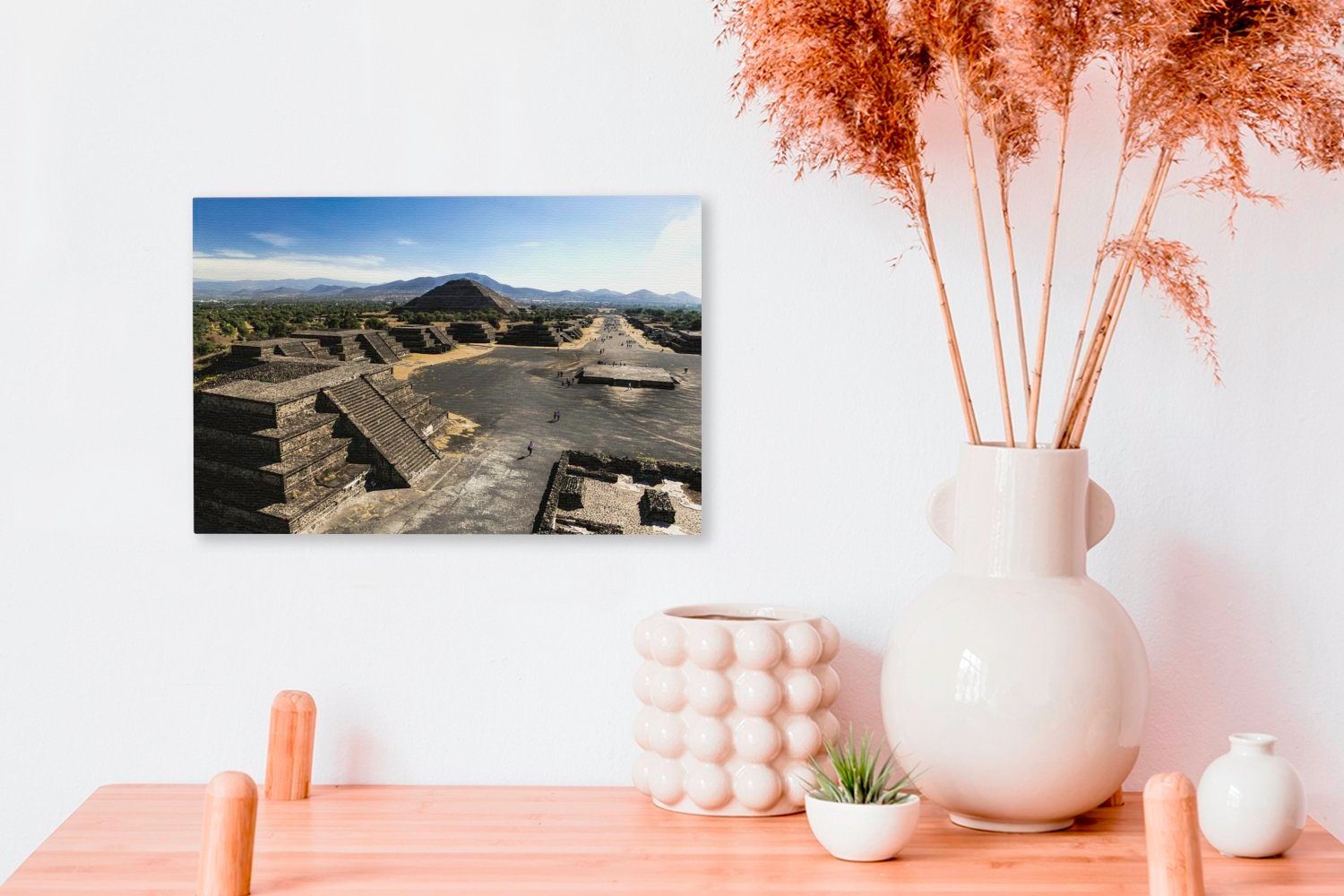 Leinwandbilder, St), Aufhängefertig, OneMillionCanvasses® Wandbild 30x20 Blick Leinwandbild Wanddeko, der in Mondpyramide cm die Pyramiden von Teotihuacán, (1 über