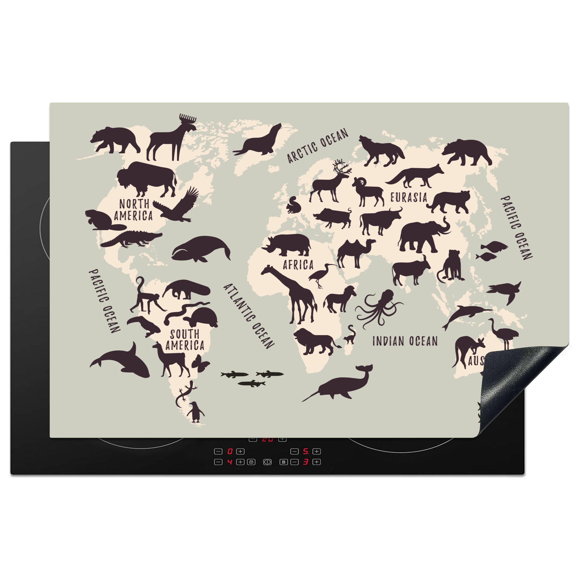 MuchoWow Herdblende-/Abdeckplatte Weltkarte - Kinder - Grau, Vinyl, (1 tlg), 81x52 cm, Induktionskochfeld Schutz für die küche, Ceranfeldabdeckung